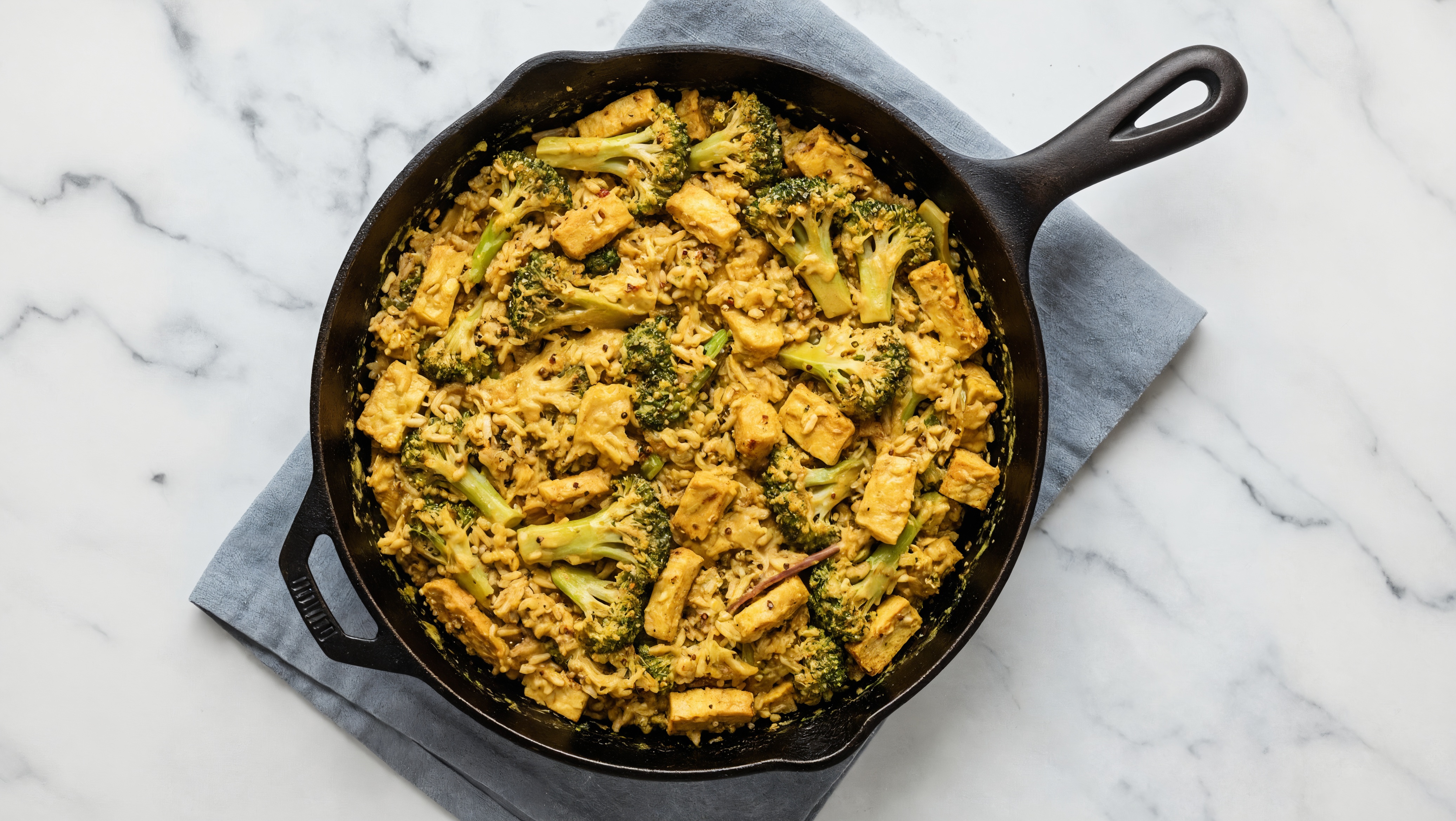 Savory Curry Fried Rice with Tofu with Broccoli Florets