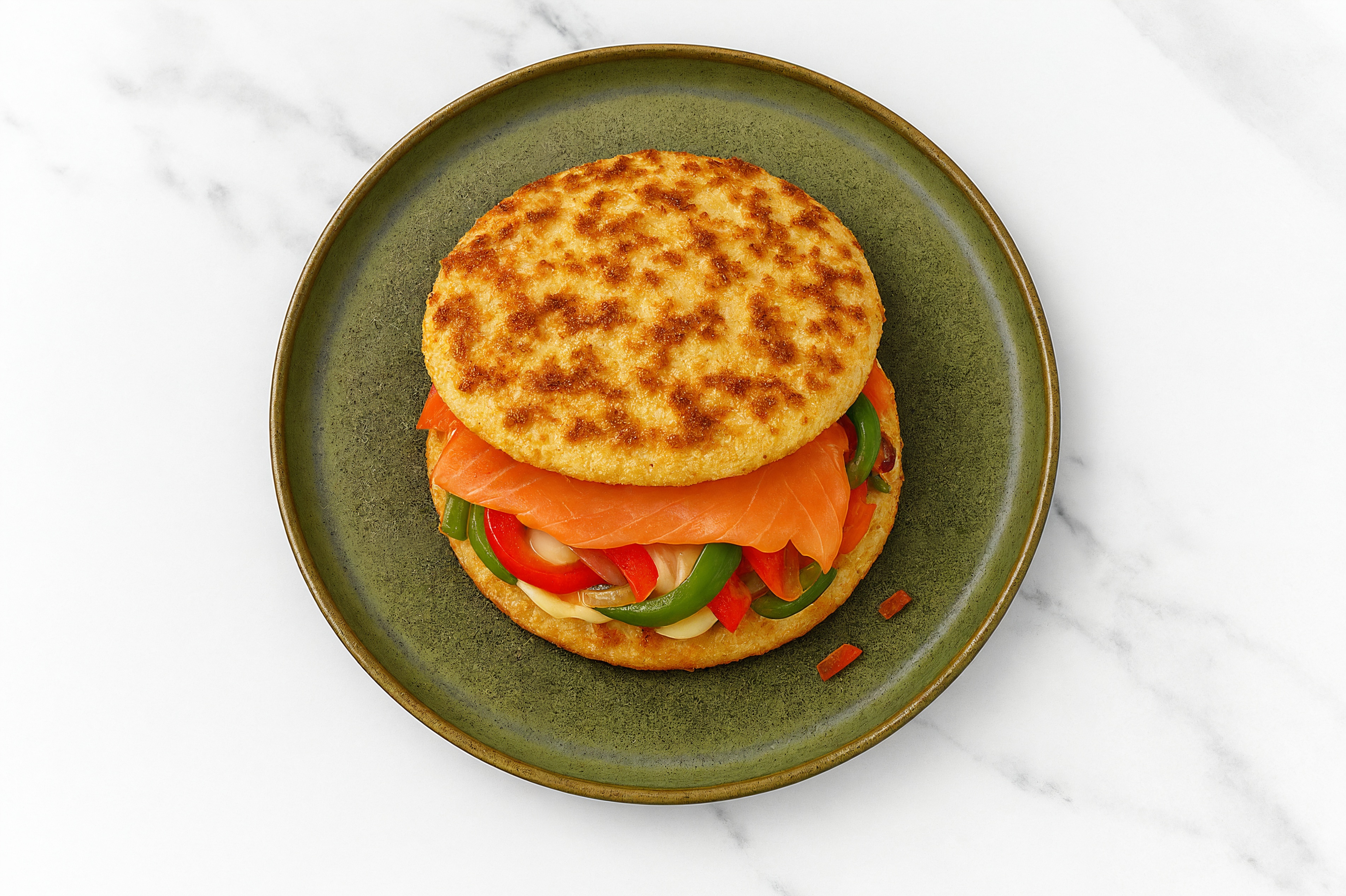 Creamy Horseradish Smoked Salmon Sandwich with Peppers + Onion on Cauliflower Rounds