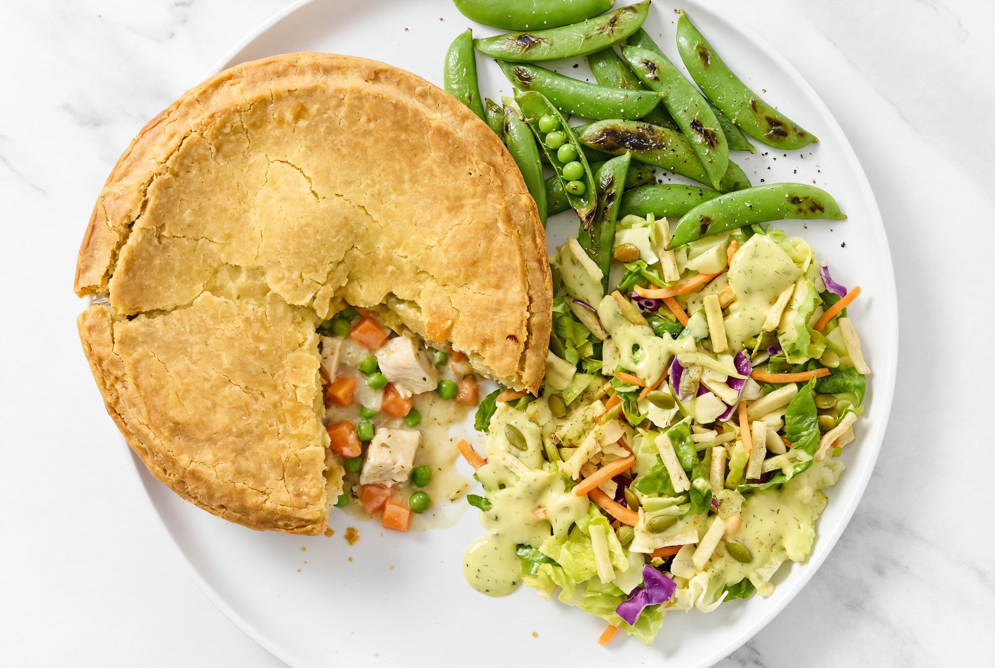 Chicken Pot Pie with Snap Peas & Goddess Salad