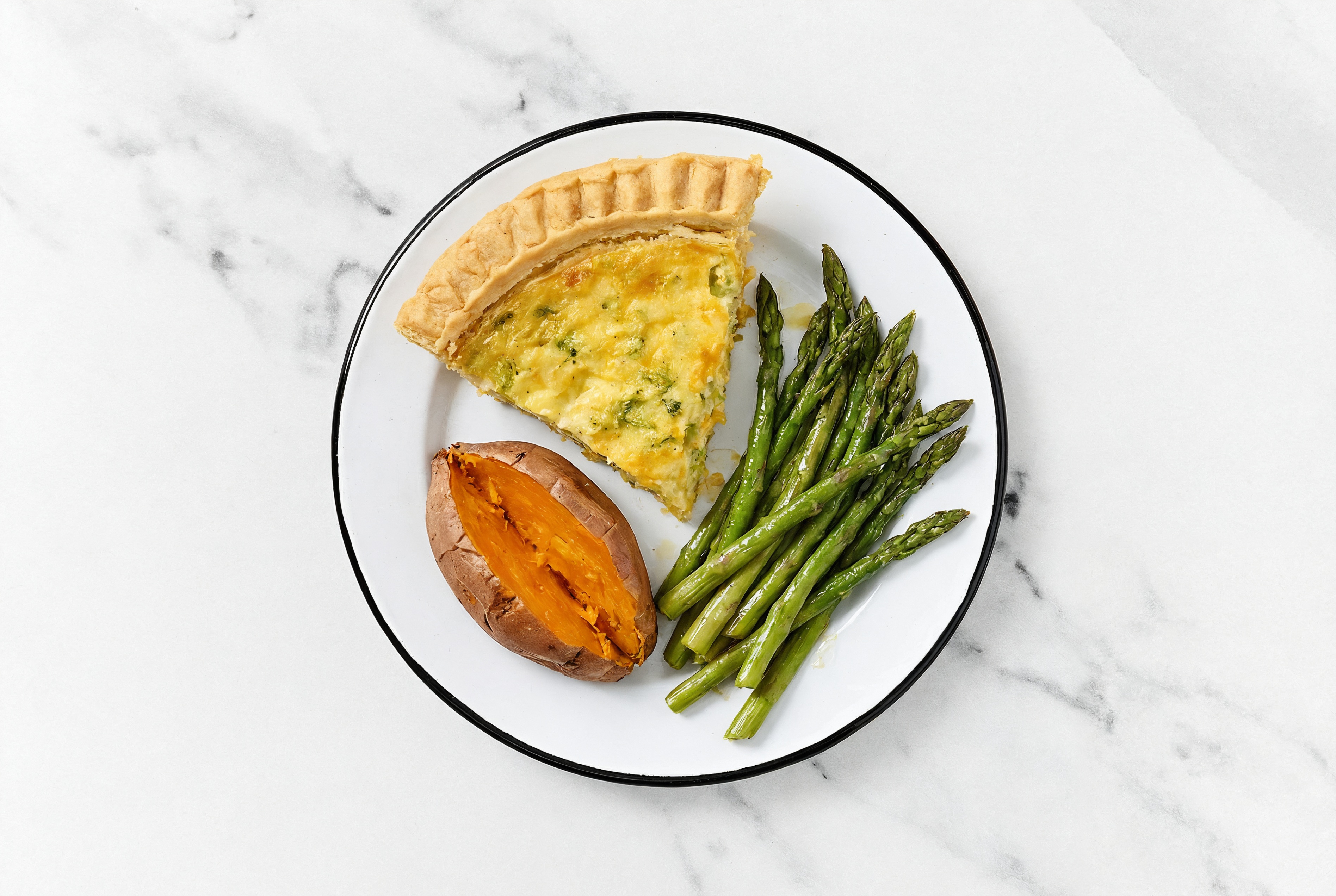Broccoli & Cheddar Quiche with Asparagus & Sweet Potato