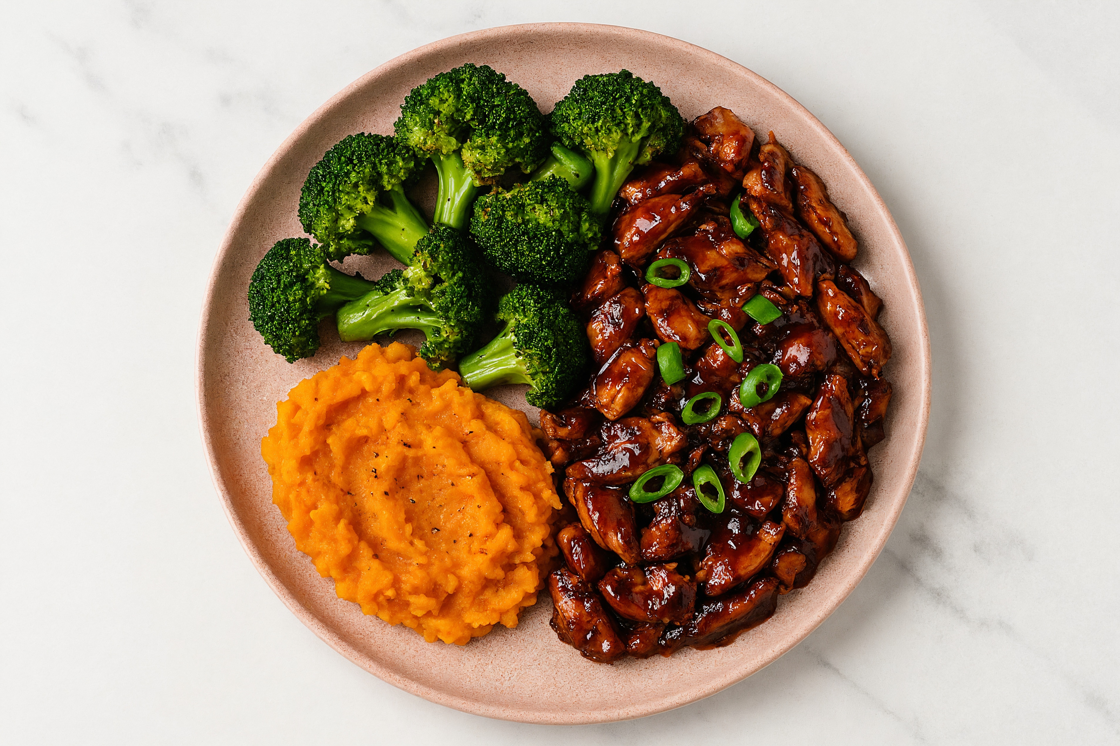 Korean BBQ Chicken Sweet Potato Bowl with Broccoli Florets