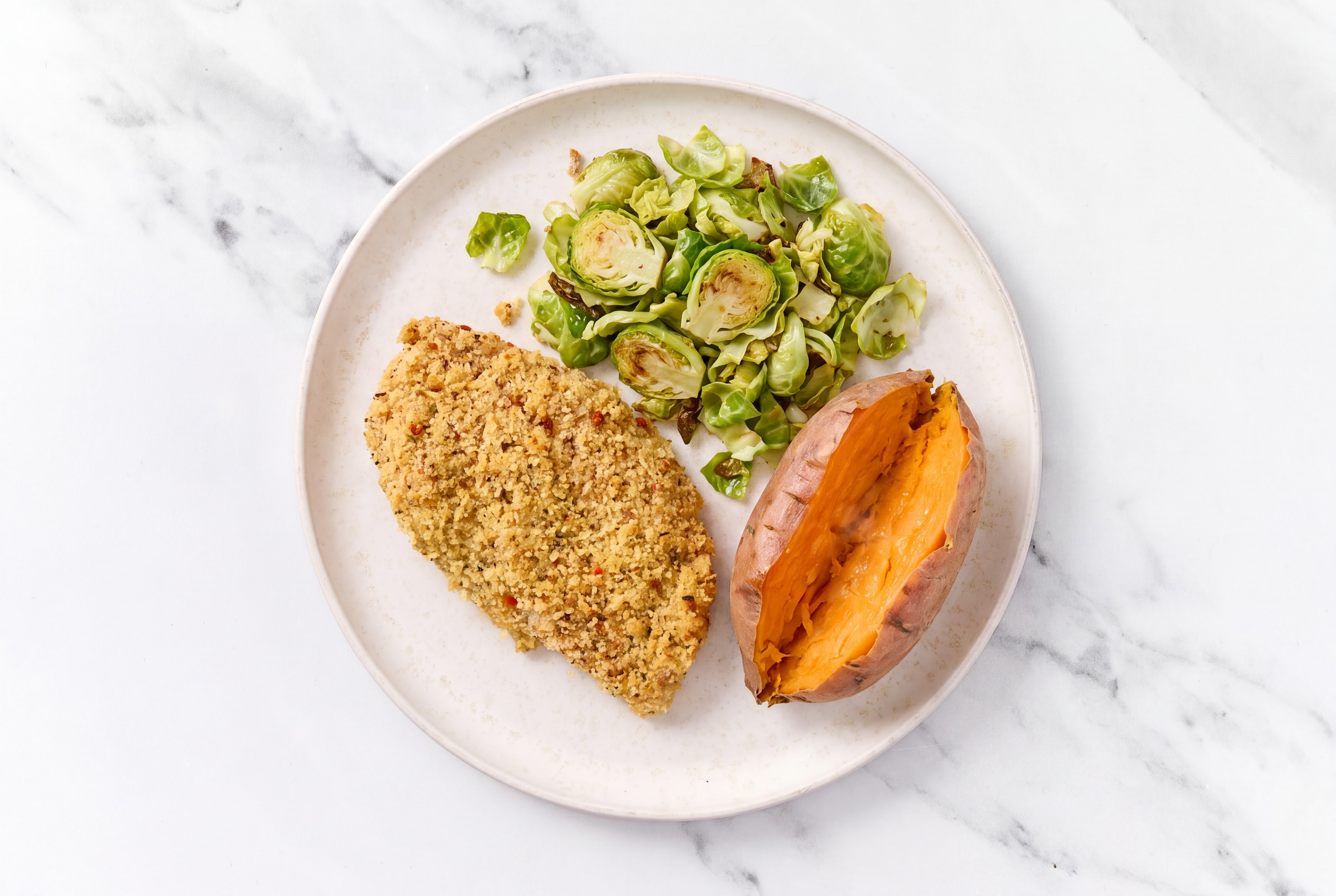 Parmesan Breaded Chicken Cutlet with Brussels Sprouts & Sweet Potato