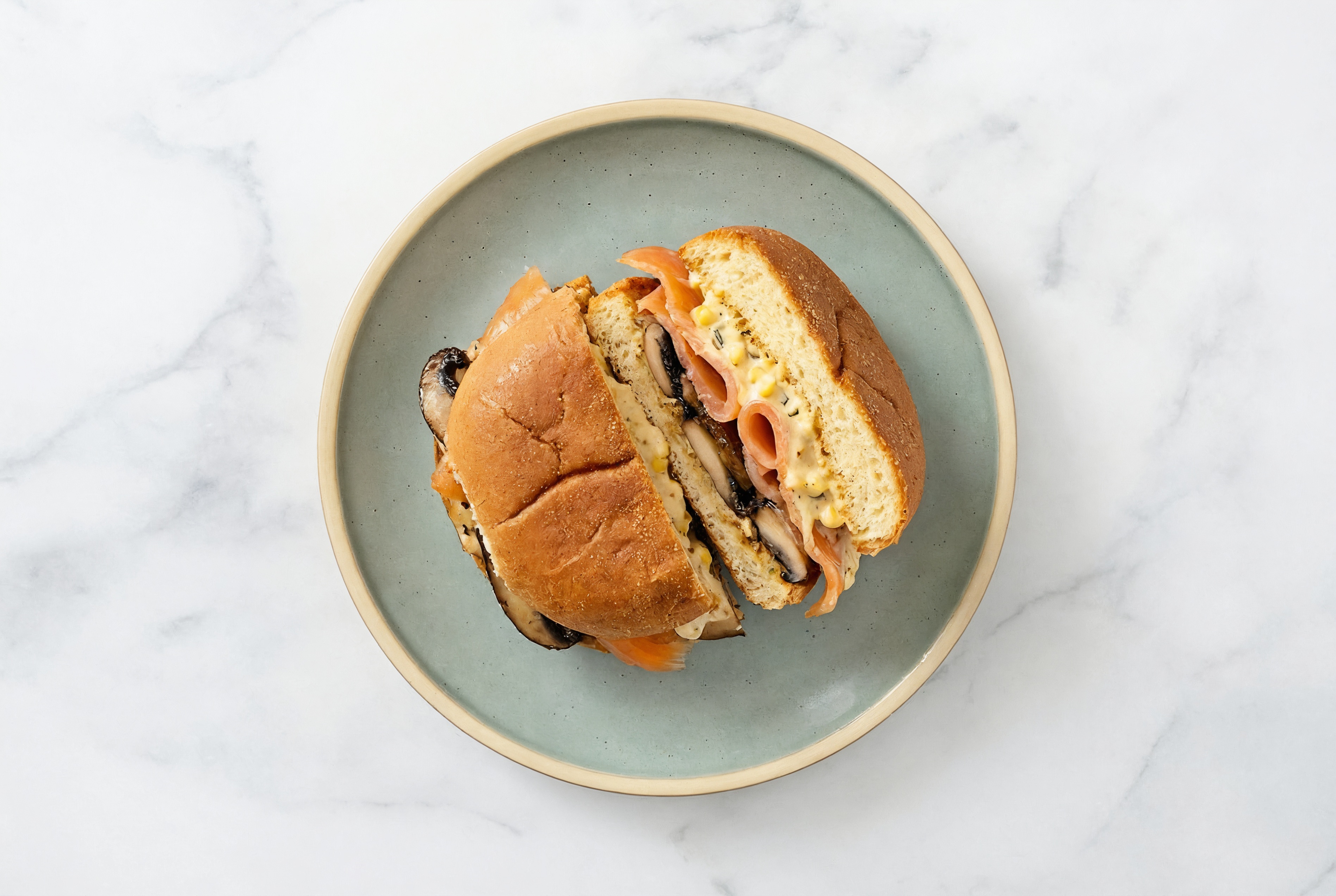 Street Corn Smoked Salmon Sandwich with Portabellas on Gluten-Free Buns