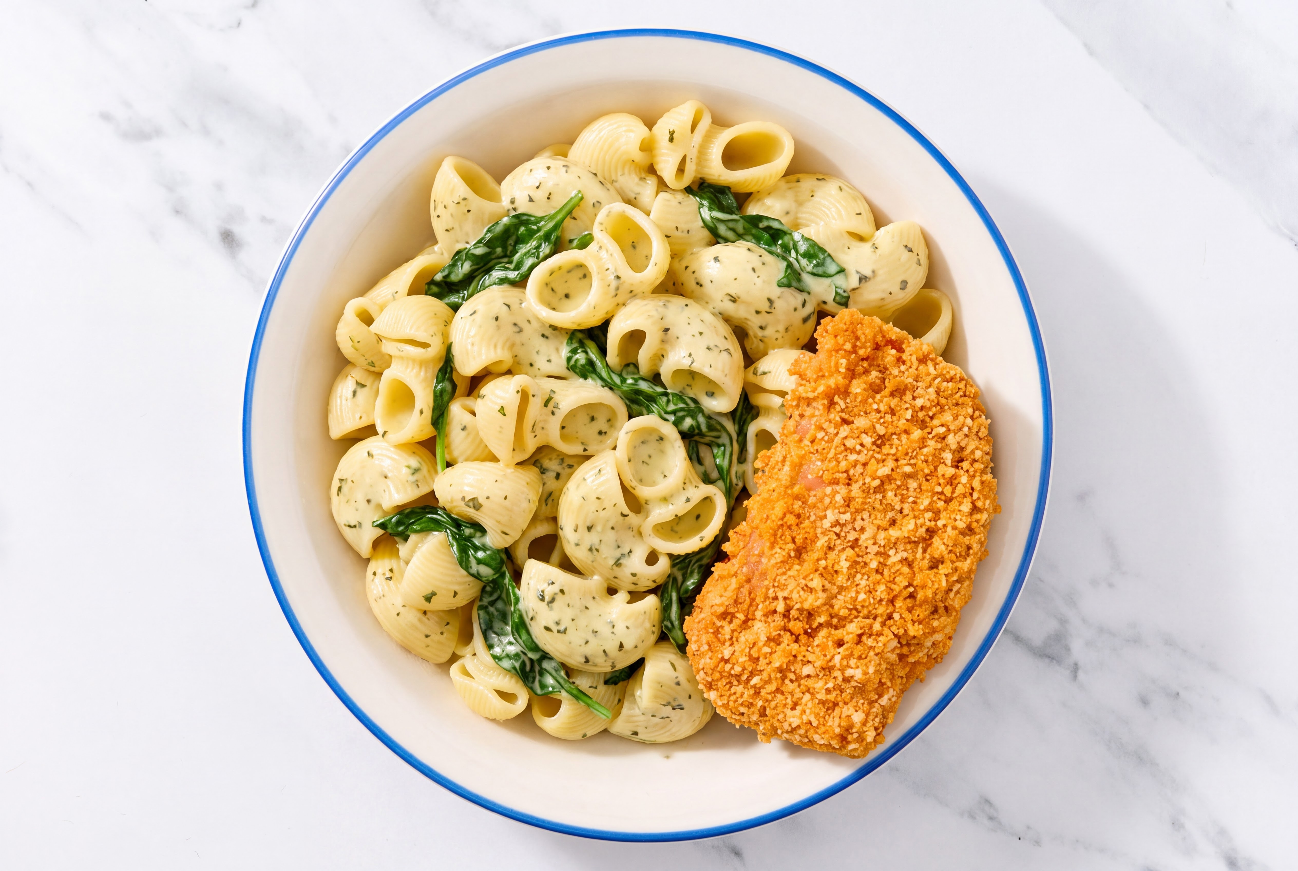 Crispy Hot Honey Chicken over Creamy Chiocciole Pasta with Baby Spinach