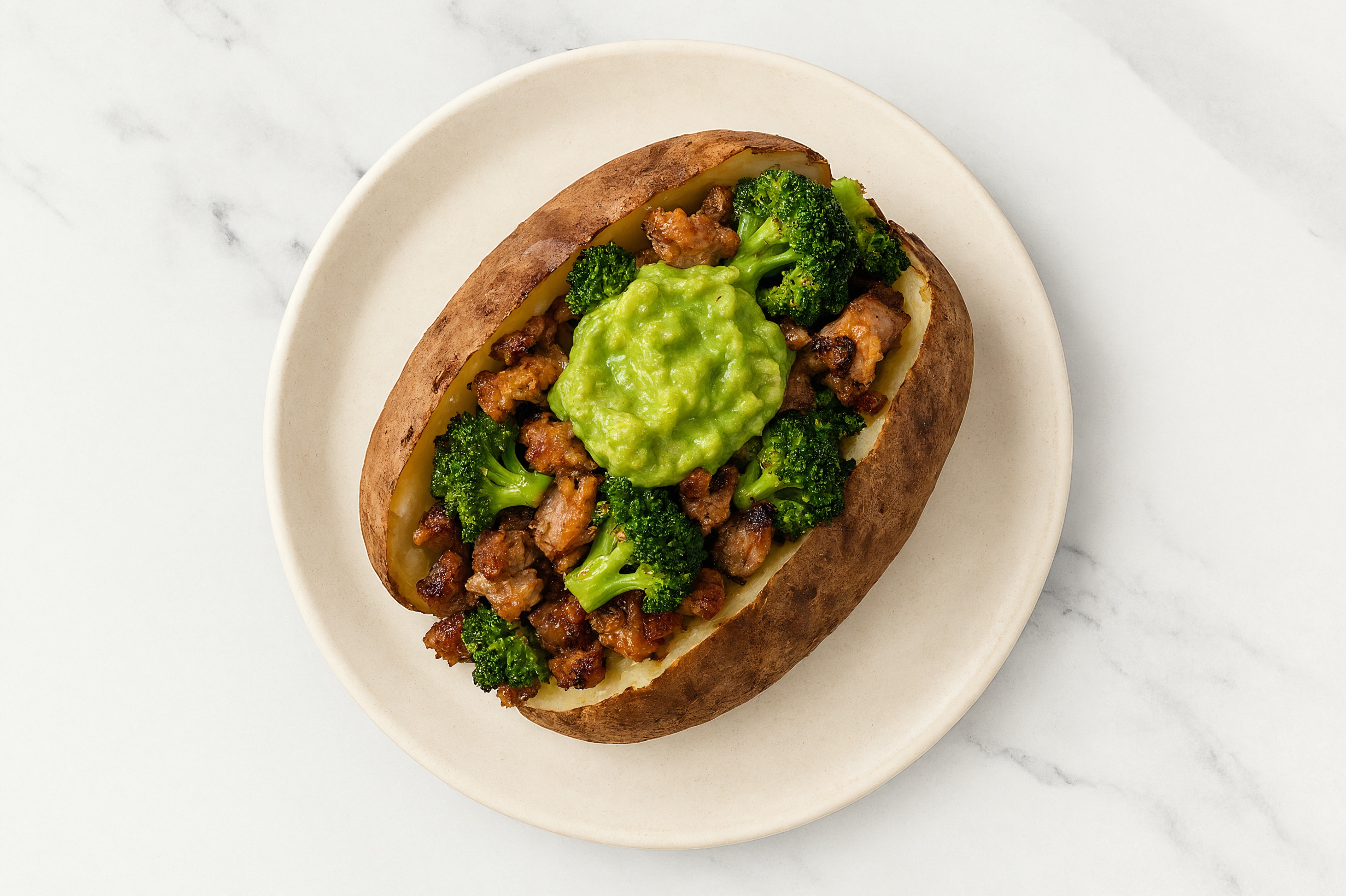 Herby Carnitas Taco in a 'Tato with Broccoli Florets