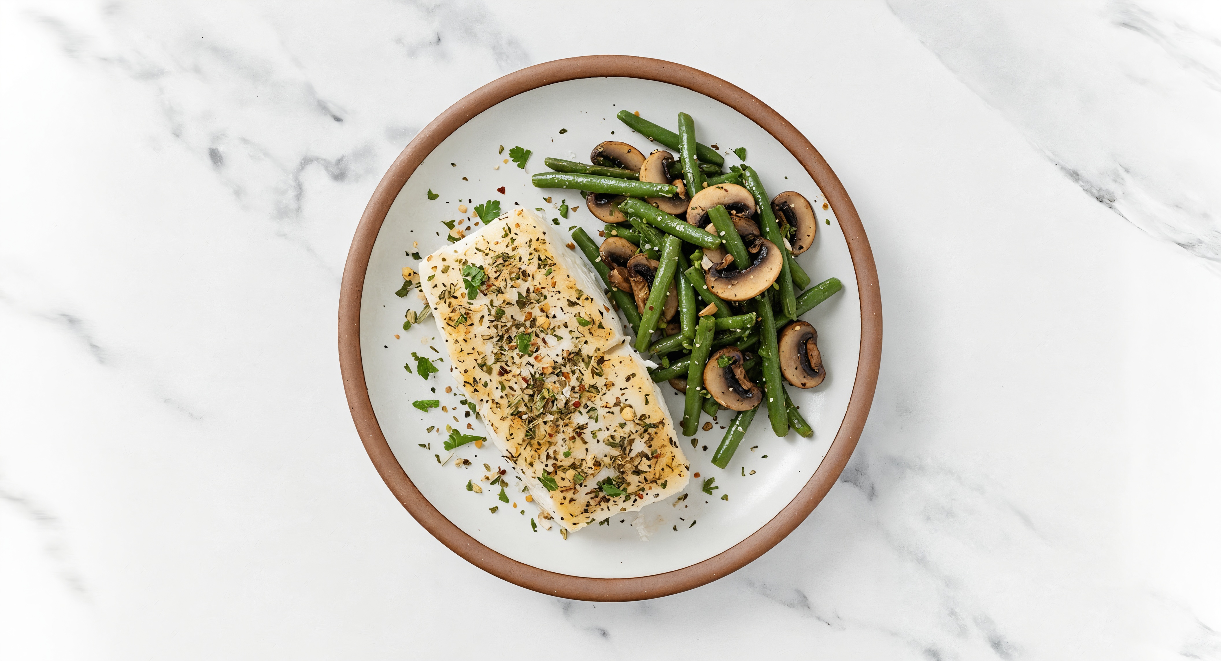 Garlic Roasted Halibut with Organic Green Beans + Mushrooms