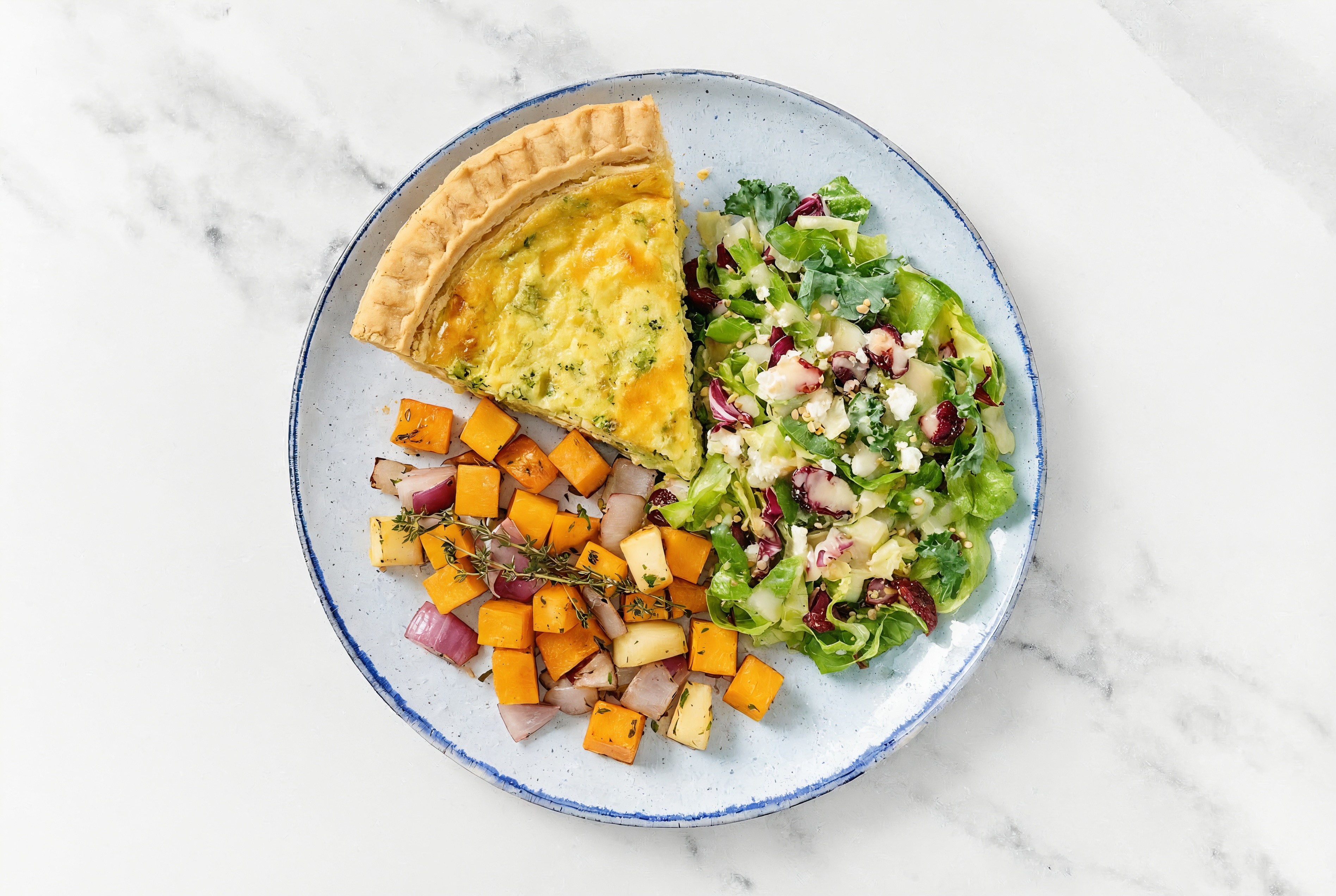 Broccoli & Cheddar Quiche with Roasting Veggies & Honey Citrus Salad