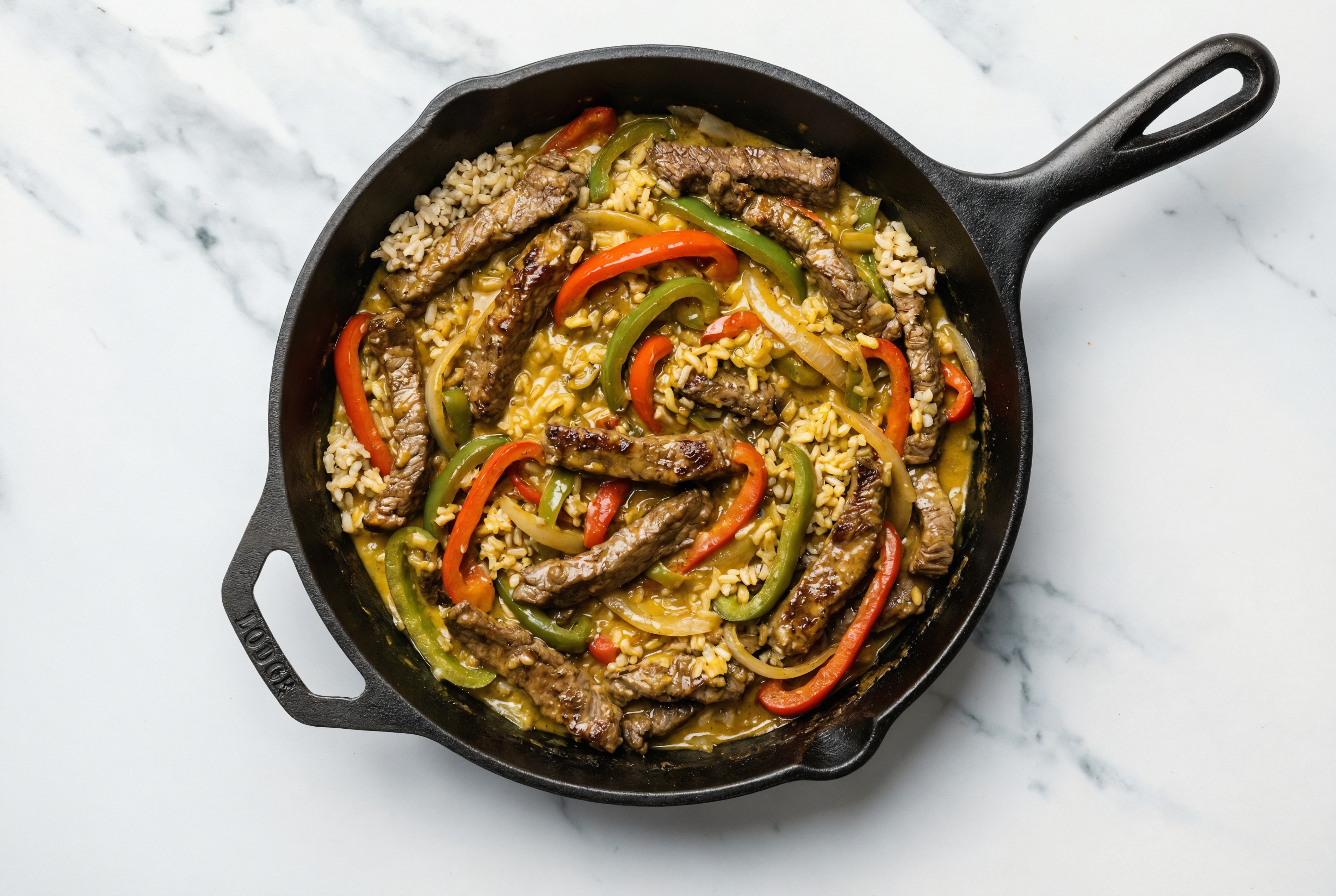 Coconut Curry Beef Strip Stir-Fry with Bell Peppers over Brown Rice