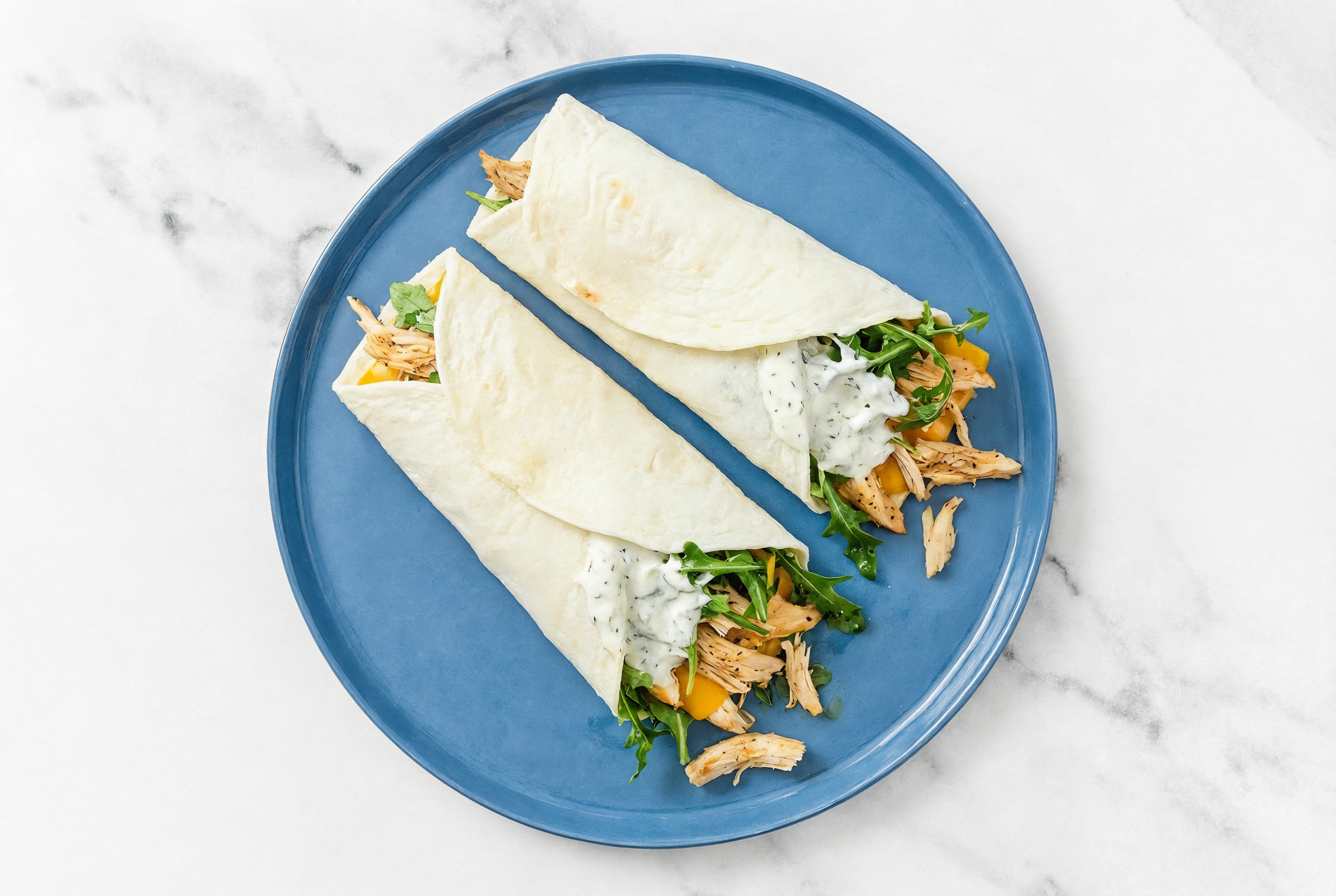 Creamy Pulled Chicken + Cheddar Wraps with Arugula