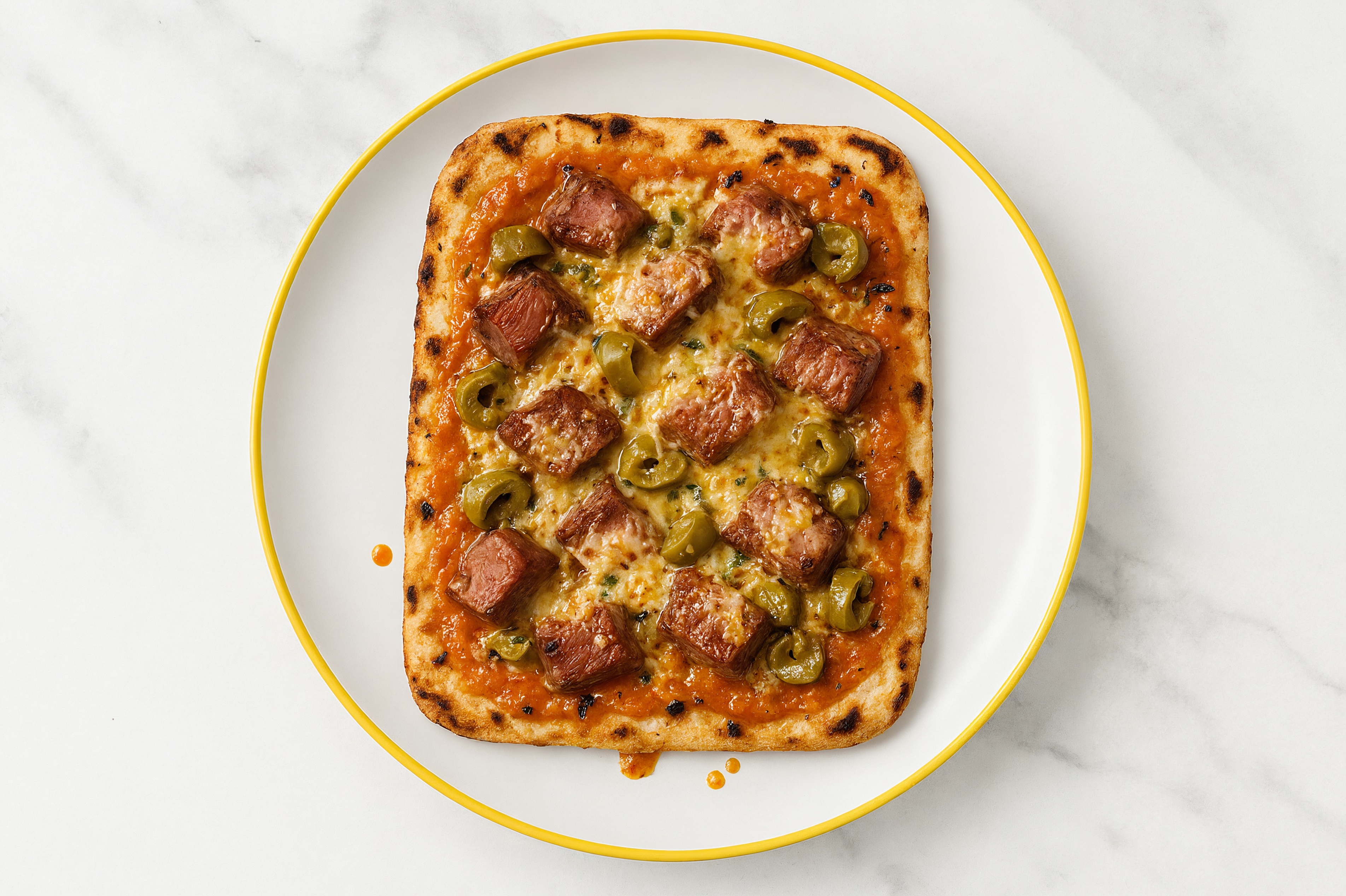 Creamy Sirloin + Green Olives Pizza with Grated Parmesan Cheese