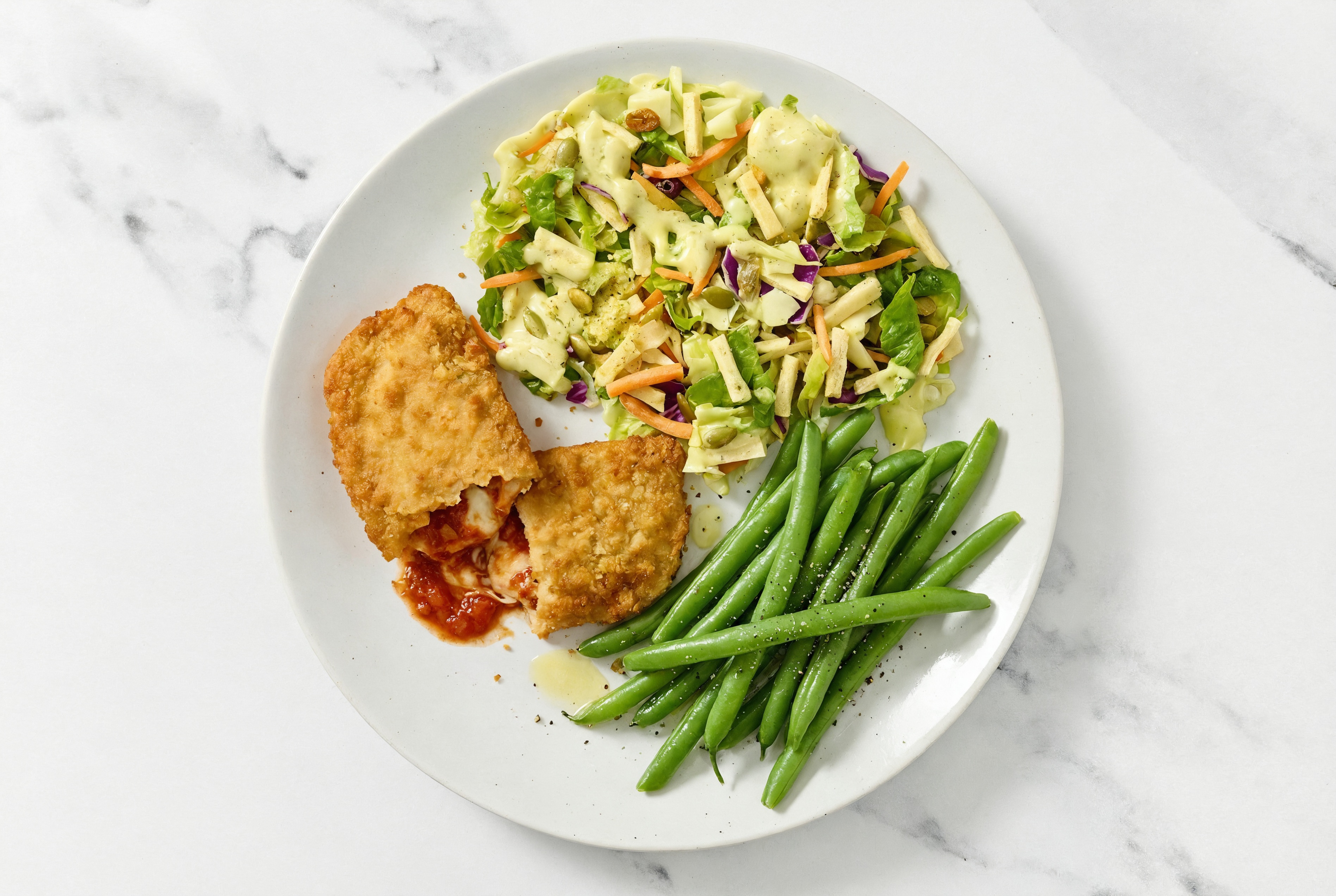 "Chicken" Parm with Green Beans & Goddess Salad