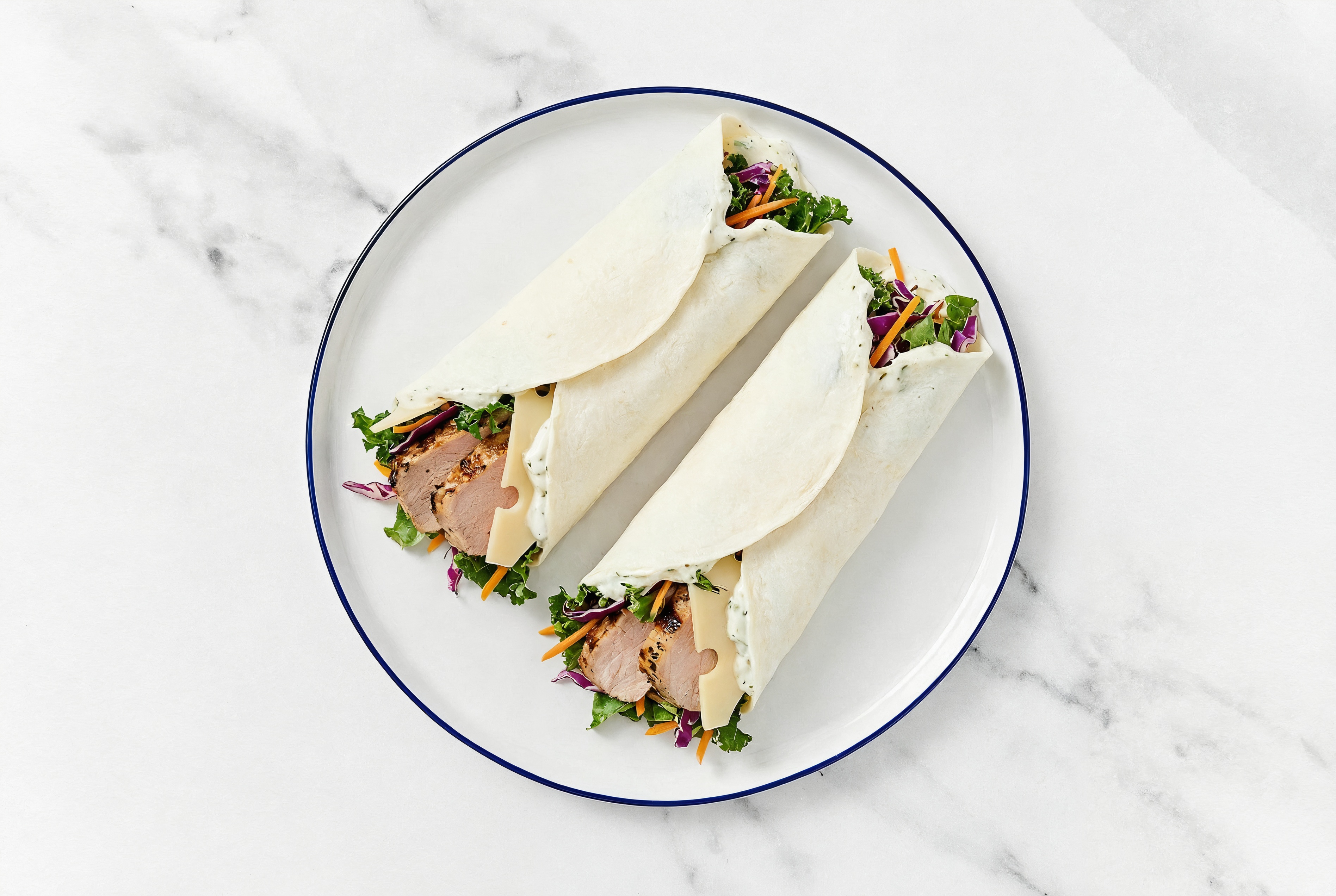 Tzatziki Pork Tenderloin + Swiss Wraps with Rainbow Veggies