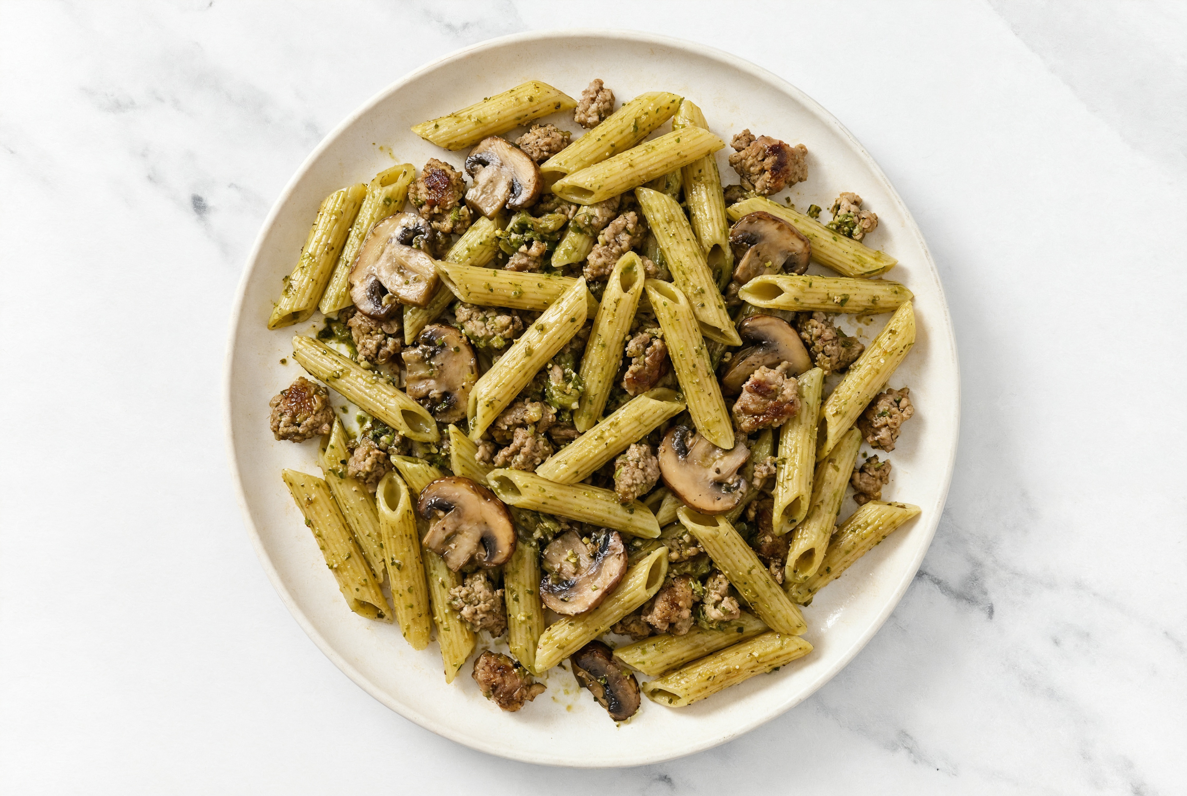Penne Pesto with Ground Beef & Mushrooms