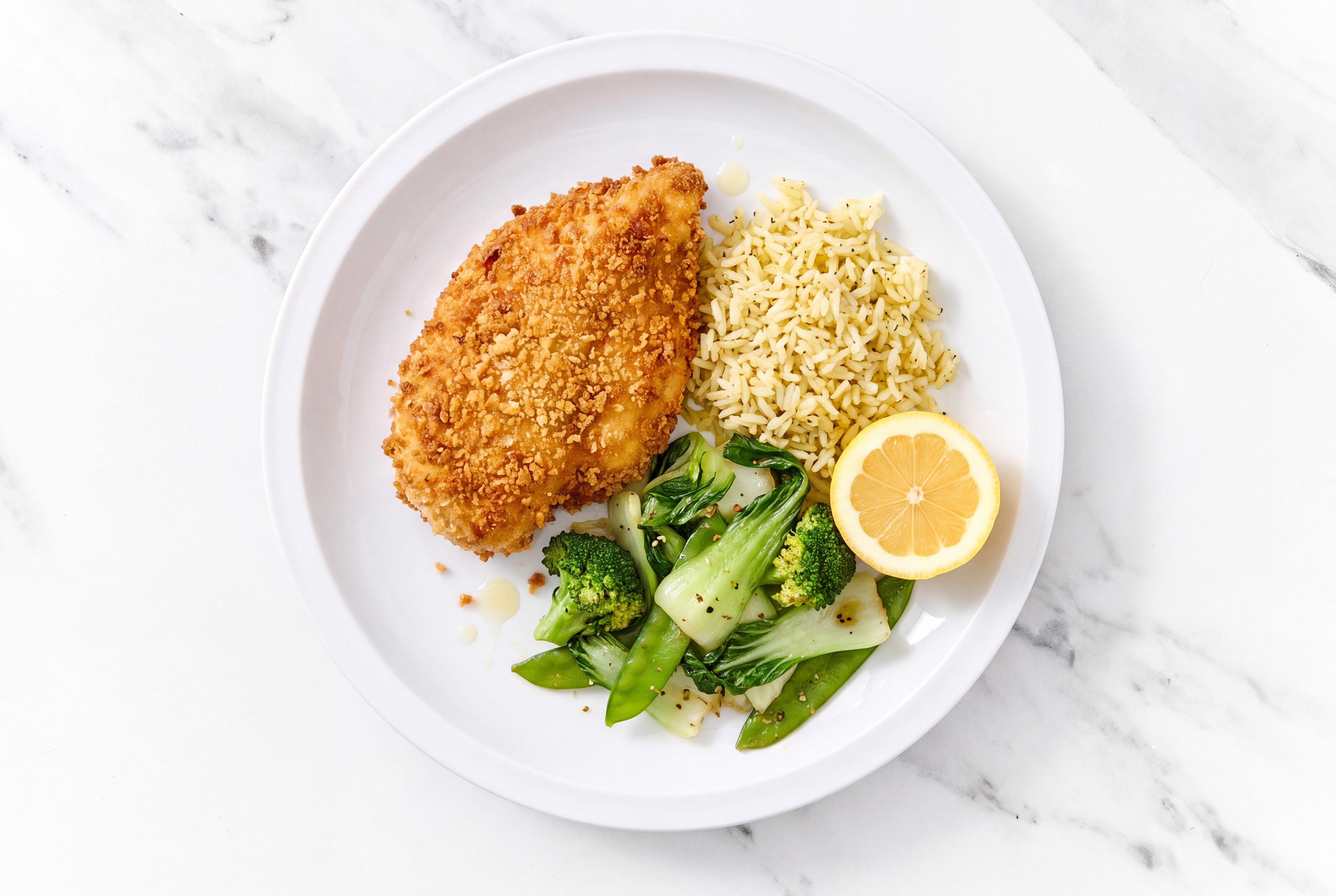 Lemon Hot Honey Breaded Chicken Cutlet with Bok Choy & Jasmine Rice