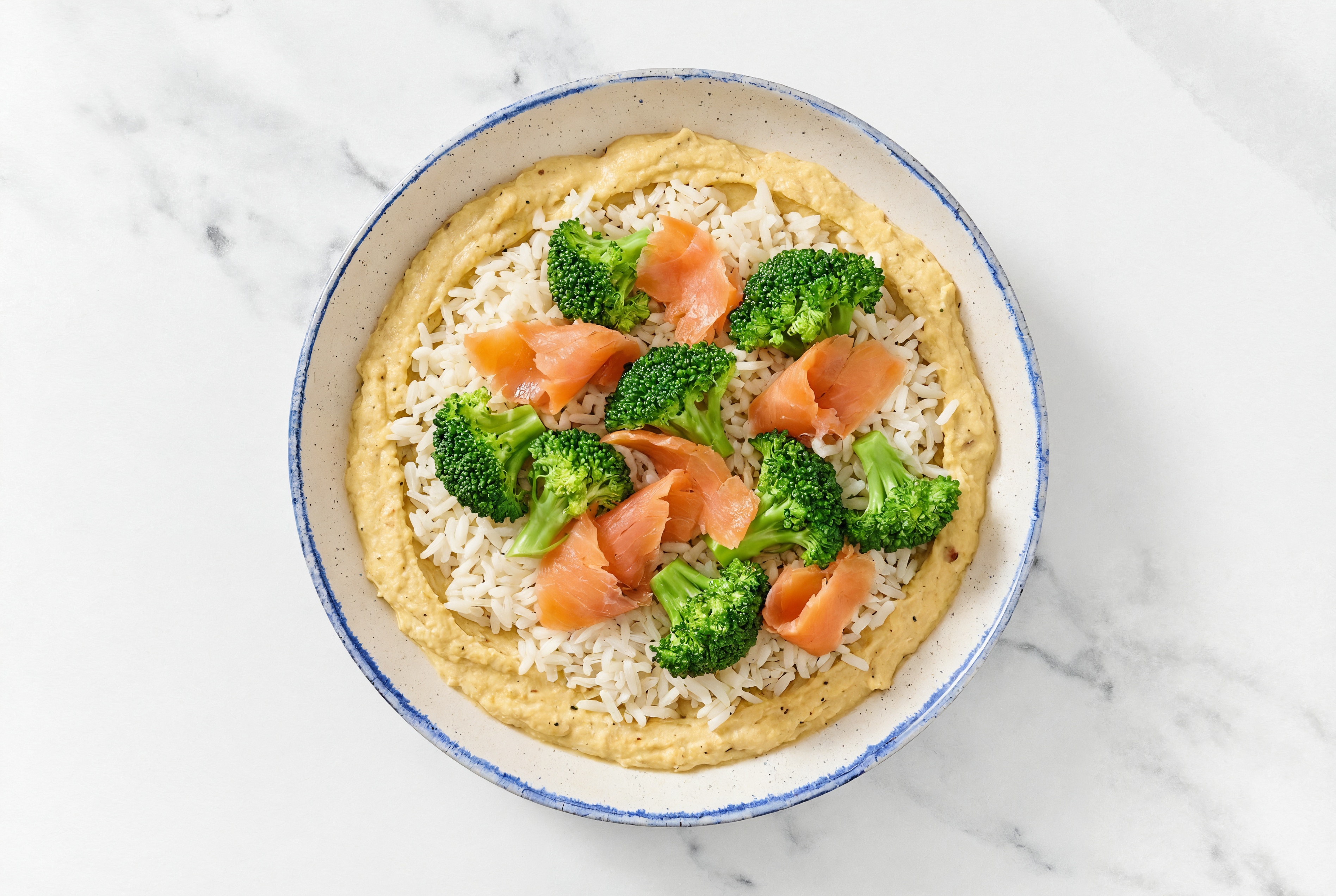Smoked Salmon & Broccoli Grain Bowl with Onion Hummus