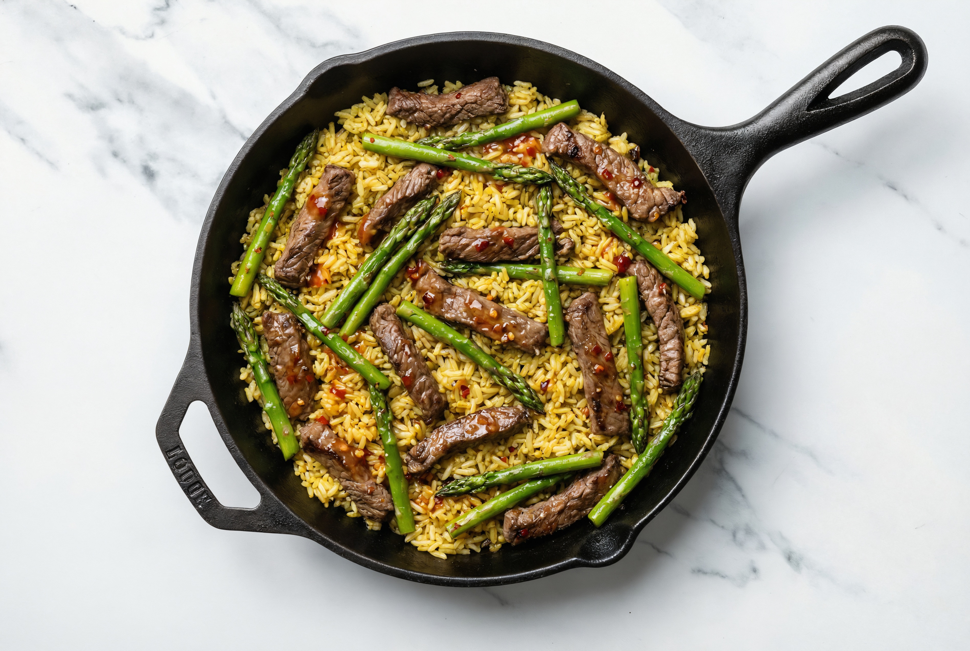 Sweet Chili Beef Strip Stir-Fry with Asparagus over Jasmine Rice