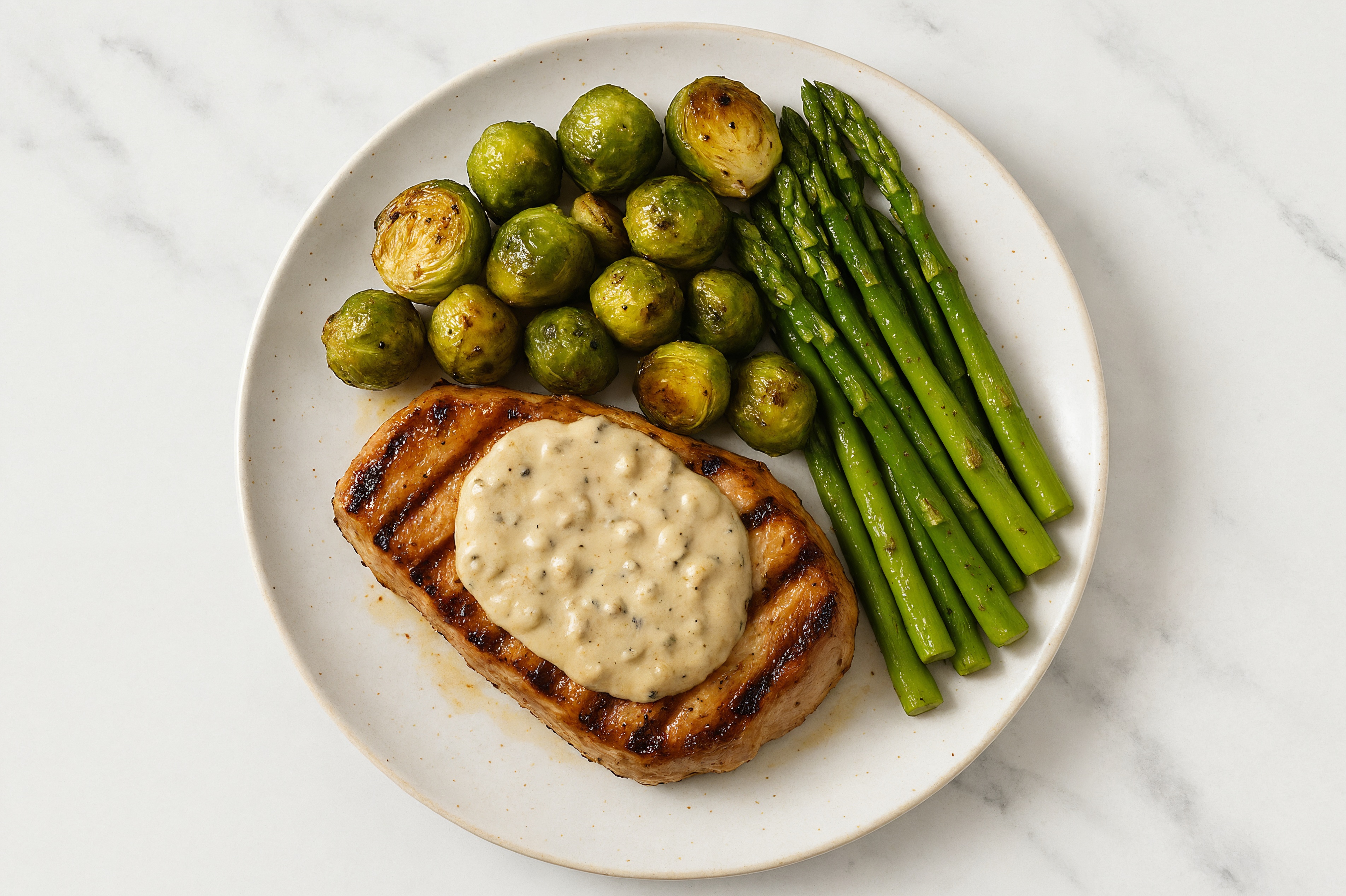 Creamy Truffle Smothered Pork Chops with Asparagus & Roasted Brussels