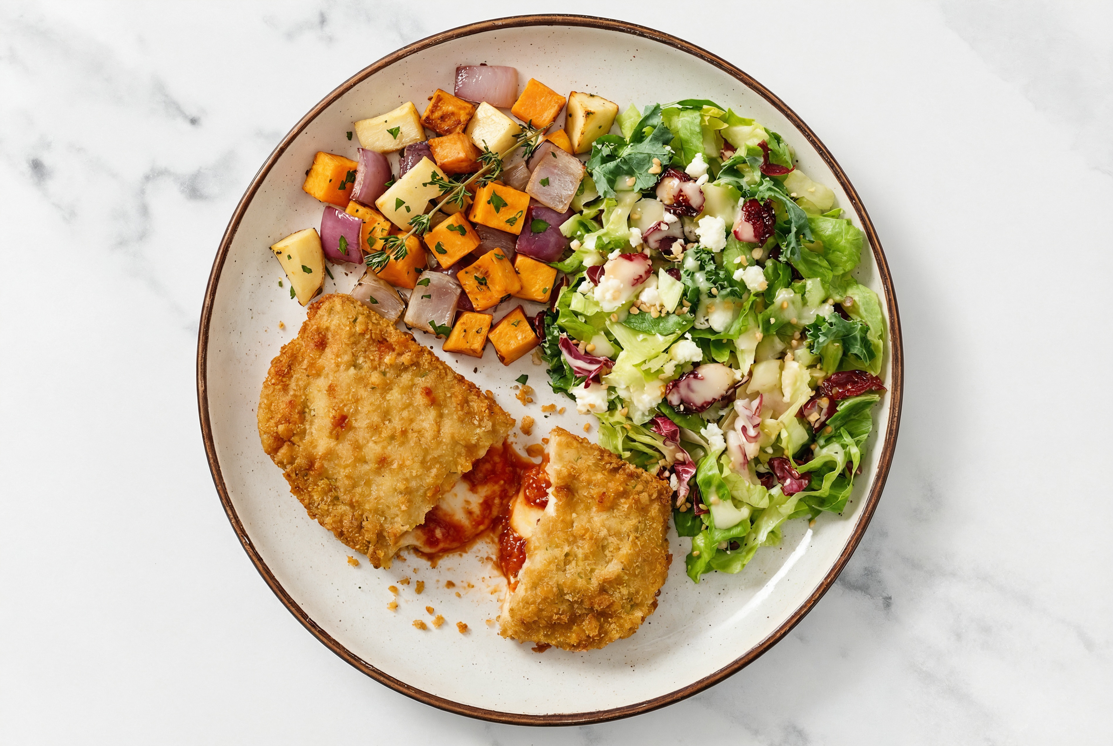 "Chicken" Parm with Roasting Veggies & Honey Citrus Salad