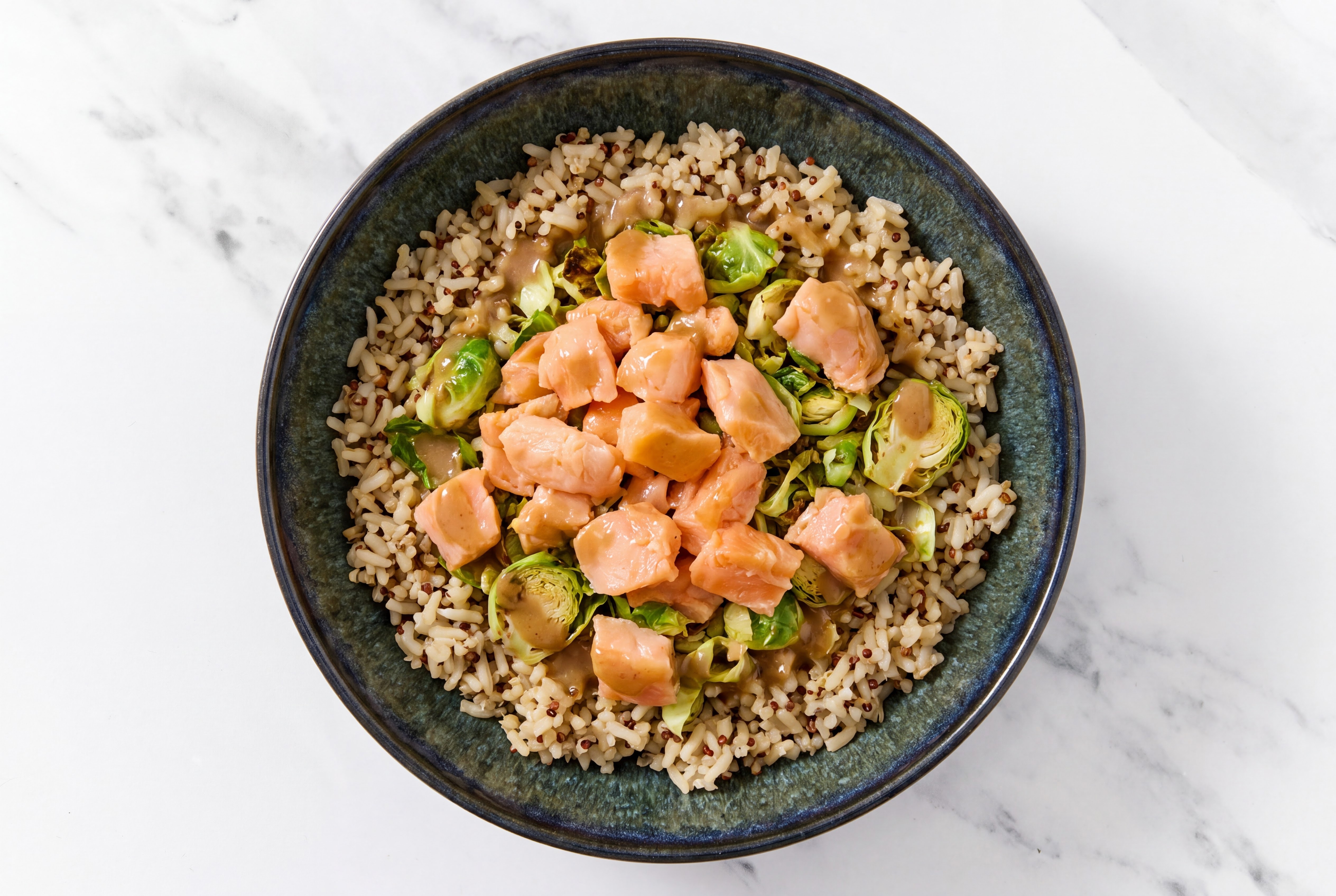 Gingery Ponzu Poké Salmon + Brussels Protein Bowl with Brown Rice Quinoa Blend