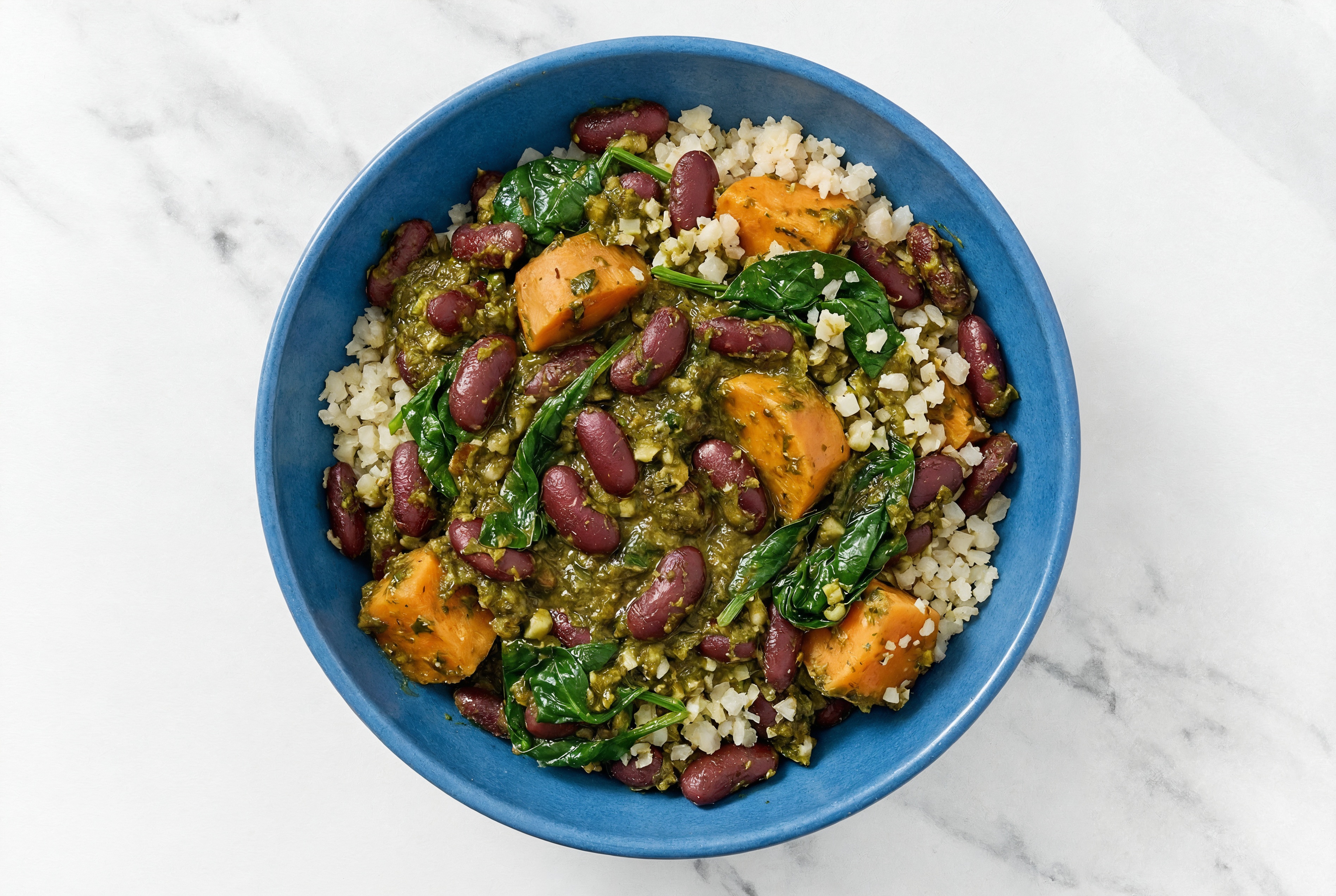 Sweet Potato Kidney Beans Saag with Organic Spinach + Cauliflower Rice