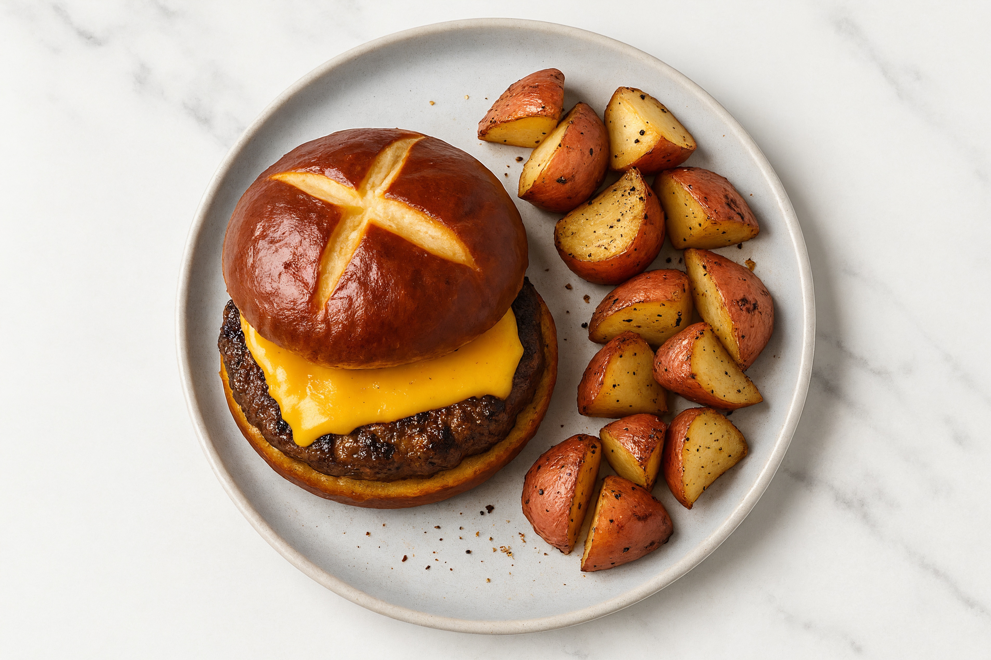 All-American Cheeseburger + Red Potatoes with Pretzel Burger Buns