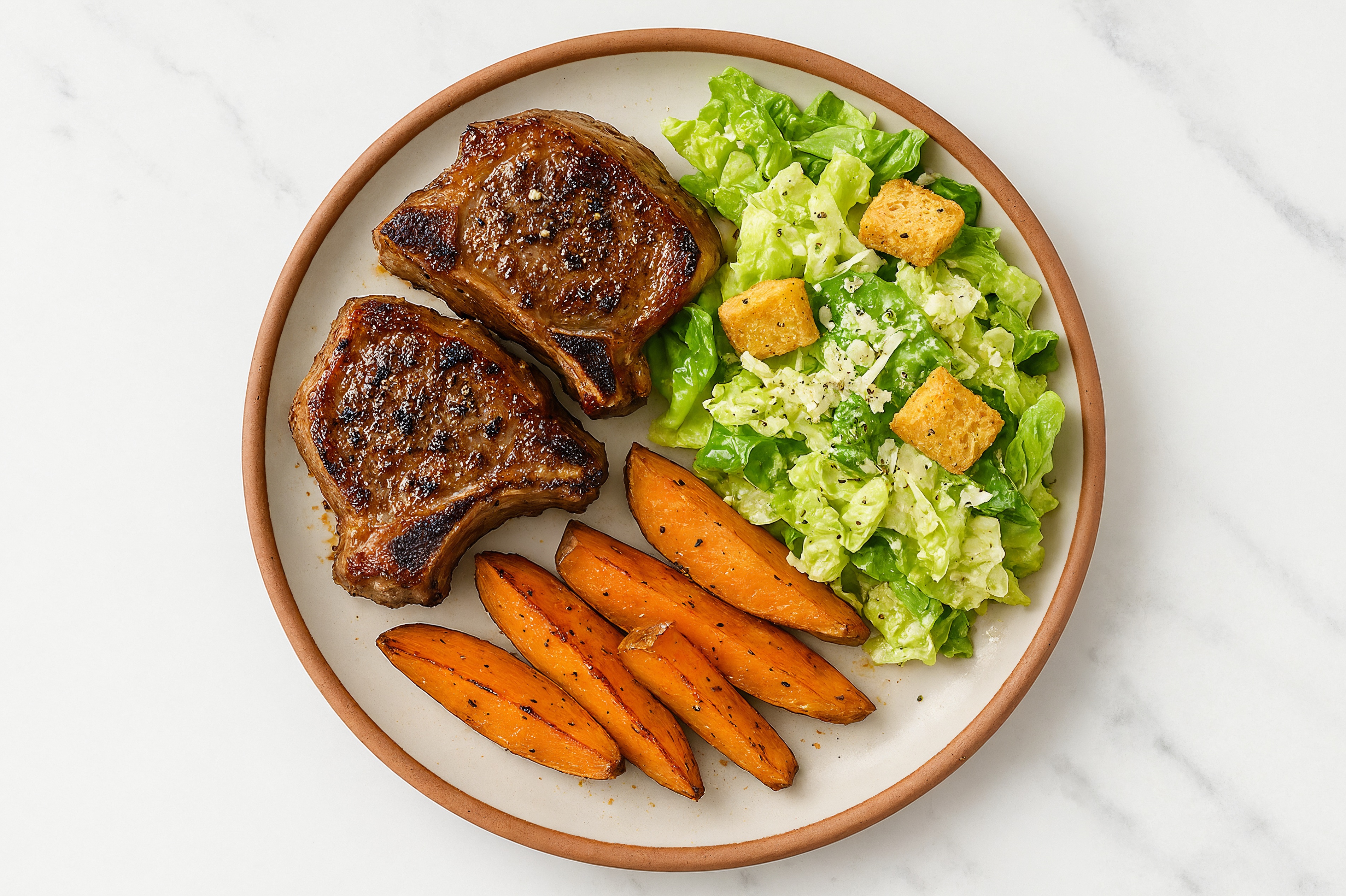 Lamb Chops + Sweet Potatoes with Caesar Salad