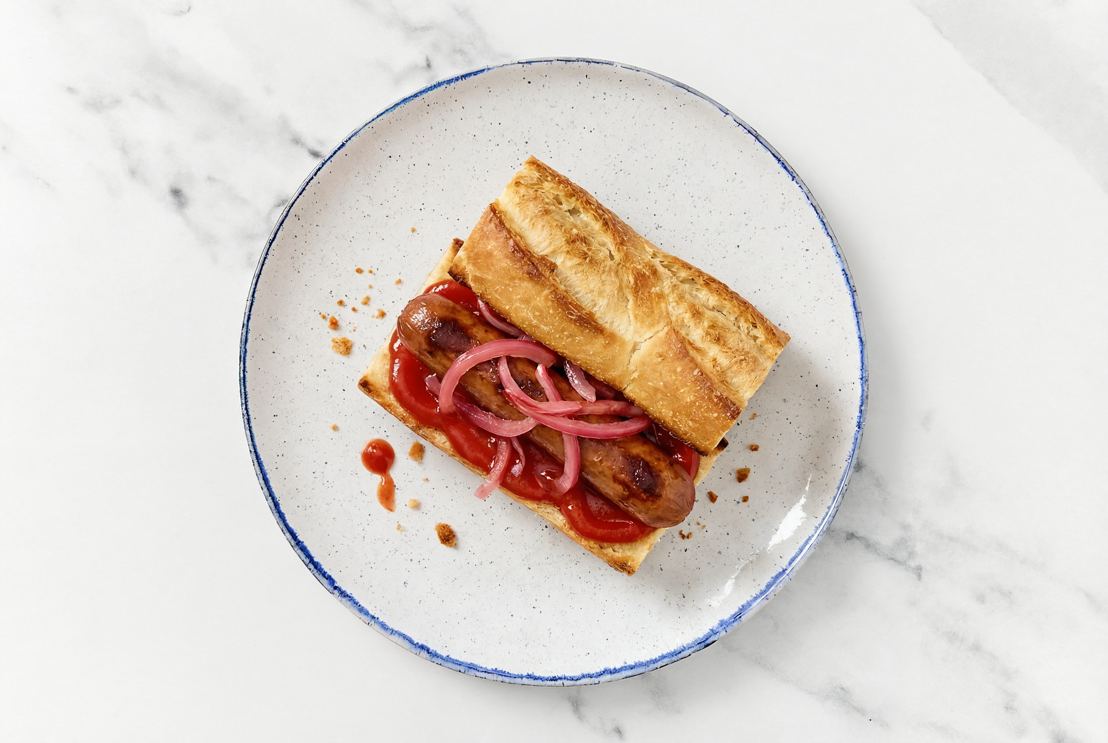 Pickled Red Onion Beef Hot Dog with Ketchup on Baguette