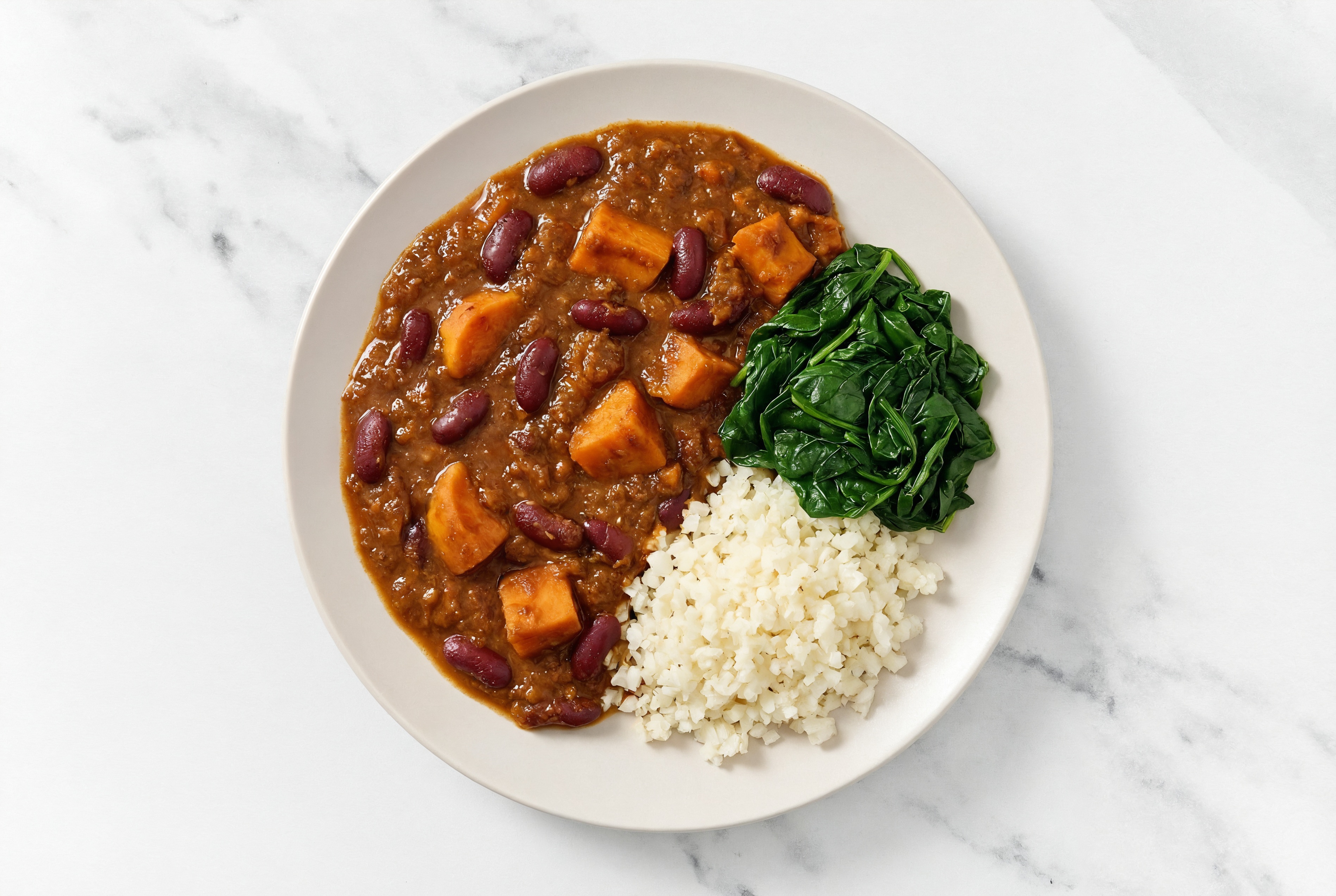 Sweet Potato Kidney Beans Vindaloo with Organic Spinach + Cauliflower Rice