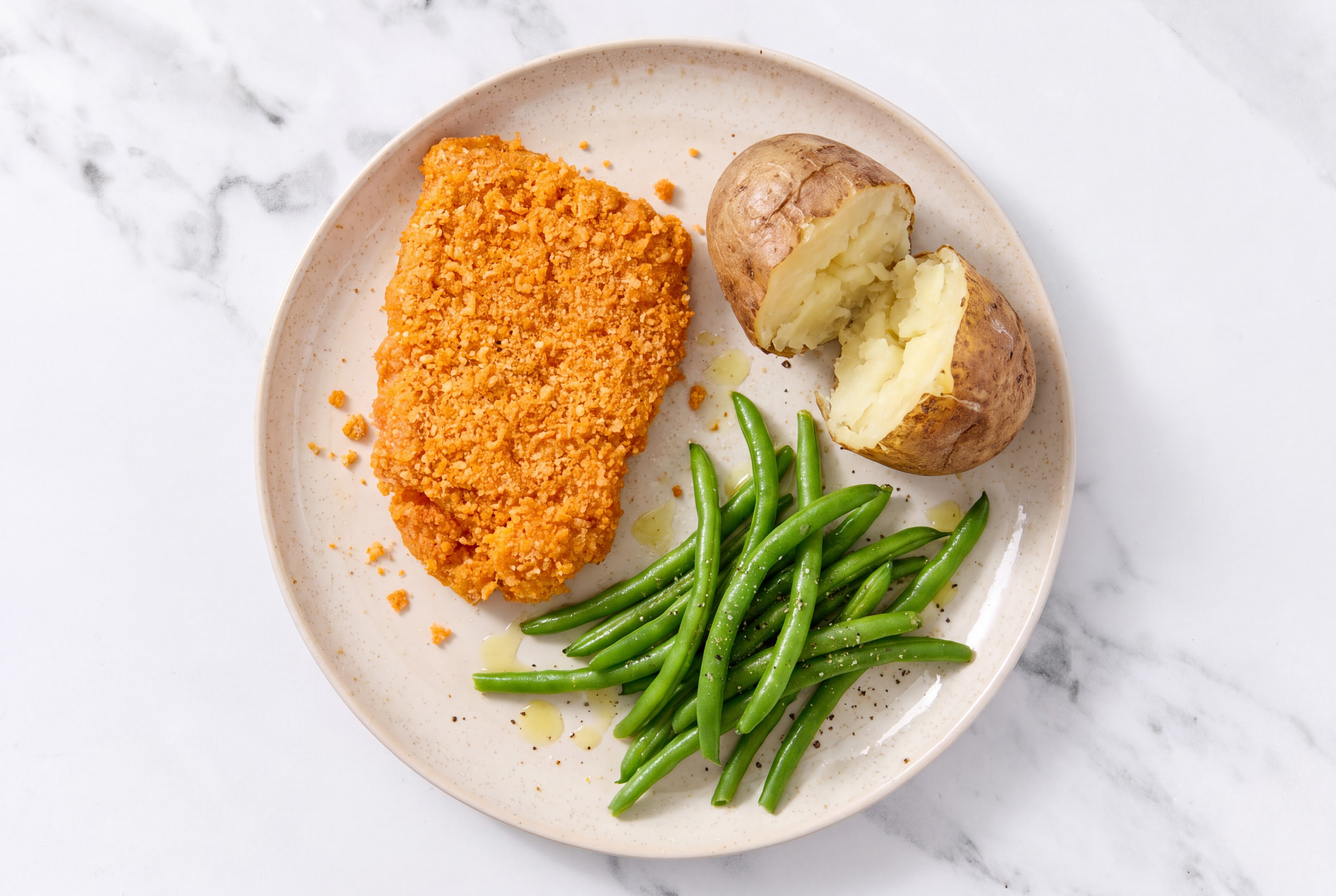 Hot Honey Breaded Chicken Cutlet with Green Beans & Russet Potato