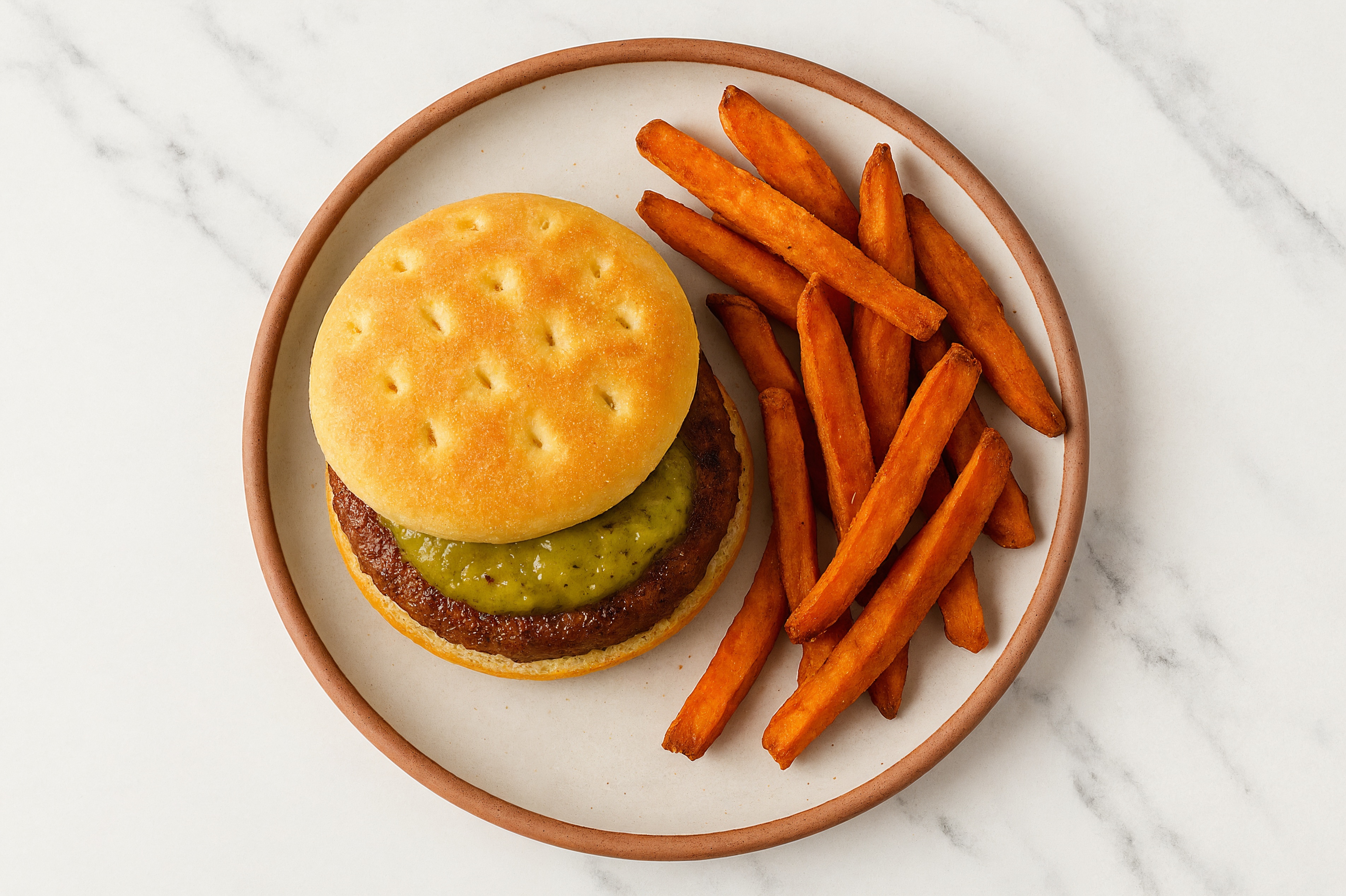Herby Green Chile Beyond Burger + Sweet Potato Fries