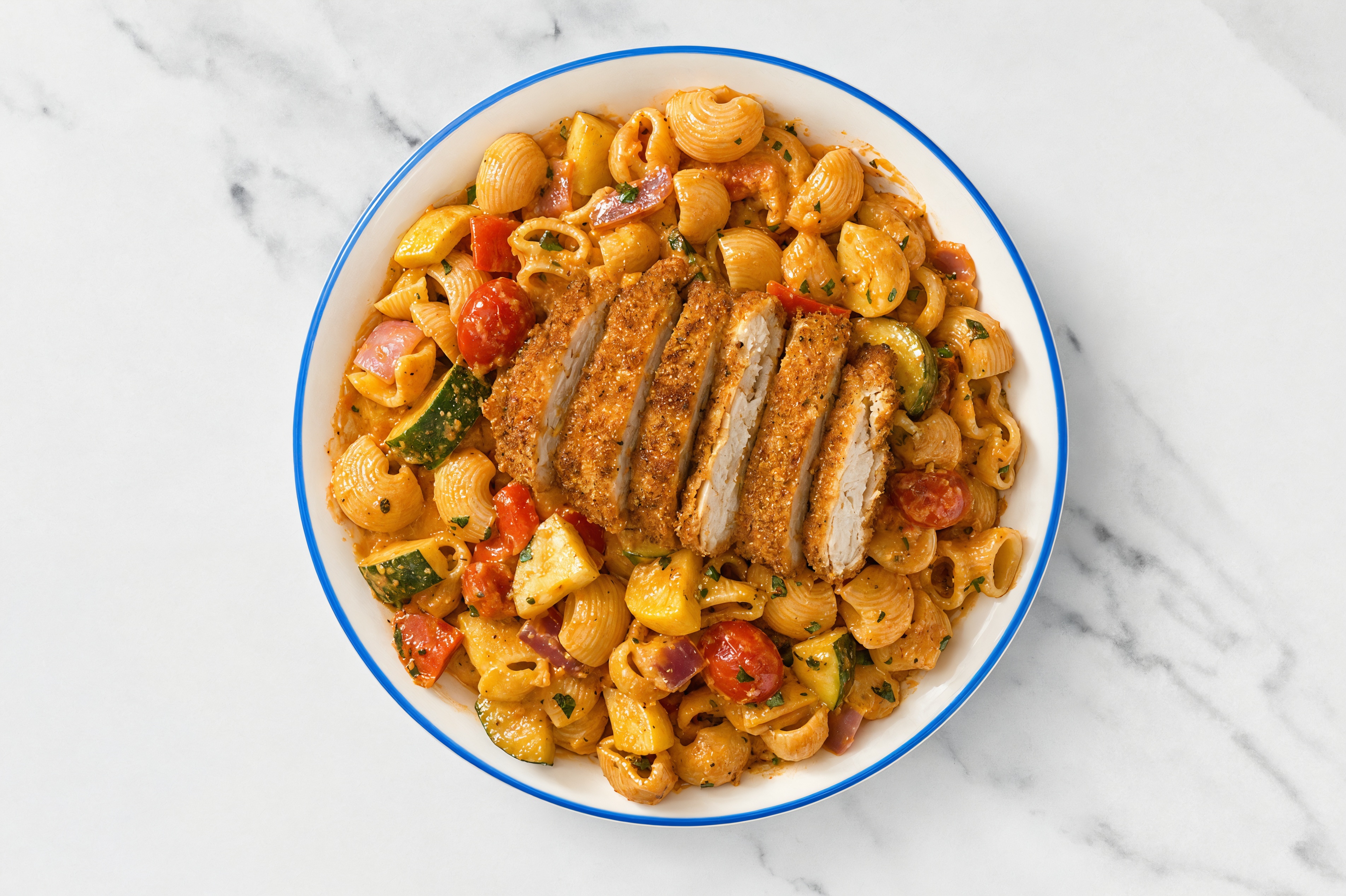 Crispy Hot Honey Chicken over Creamy Vodka Chiocciole Pasta with Mixed Veggies