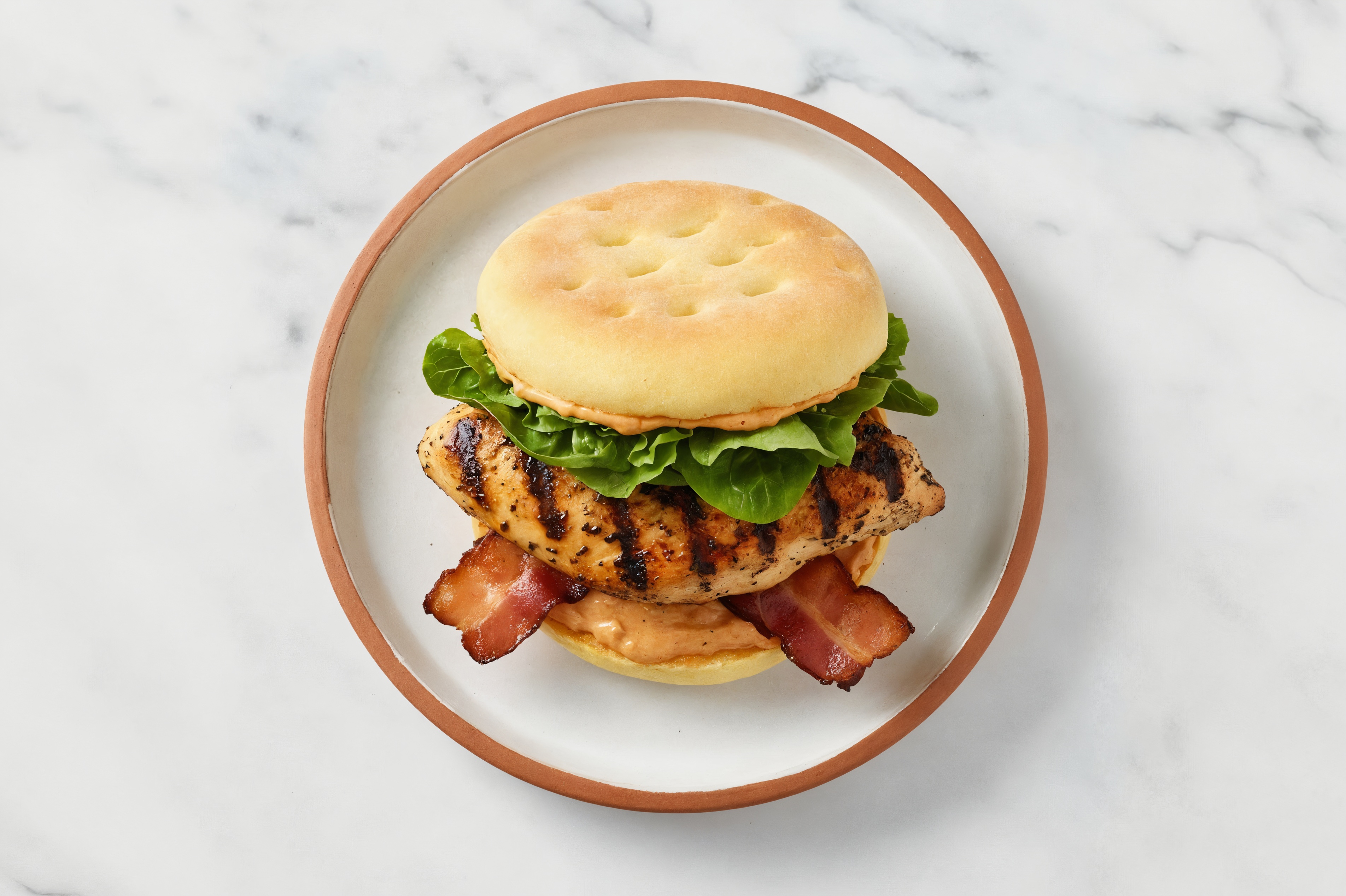 Mediterranean Grilled Chicken Breast + Applewood Smoked Pork Bacon on Brioche with Smoky BBQ Garlic Sauce