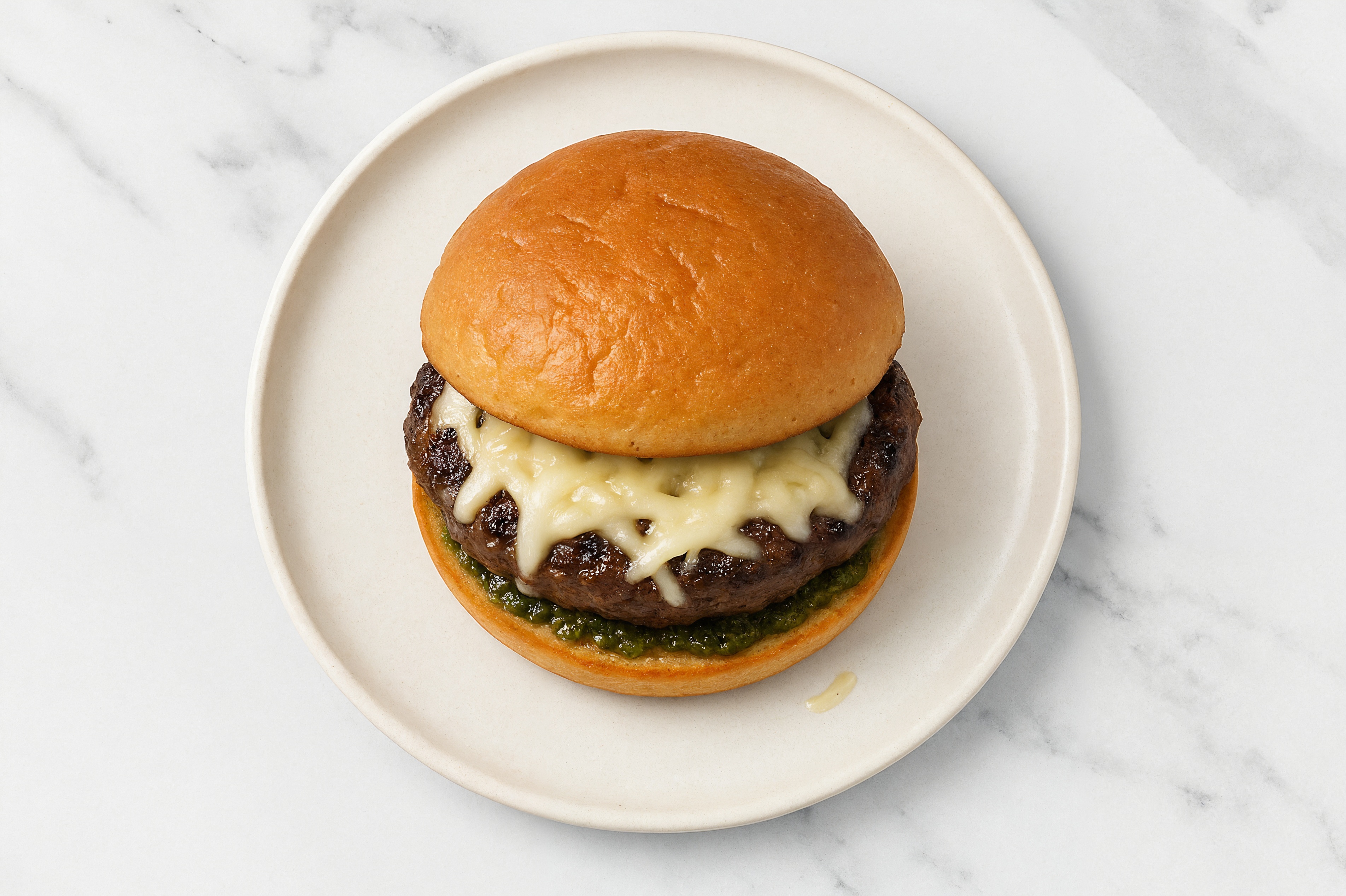 "Mozzarella" Wagyu Beef Burger on GF Bun with Basil Pesto