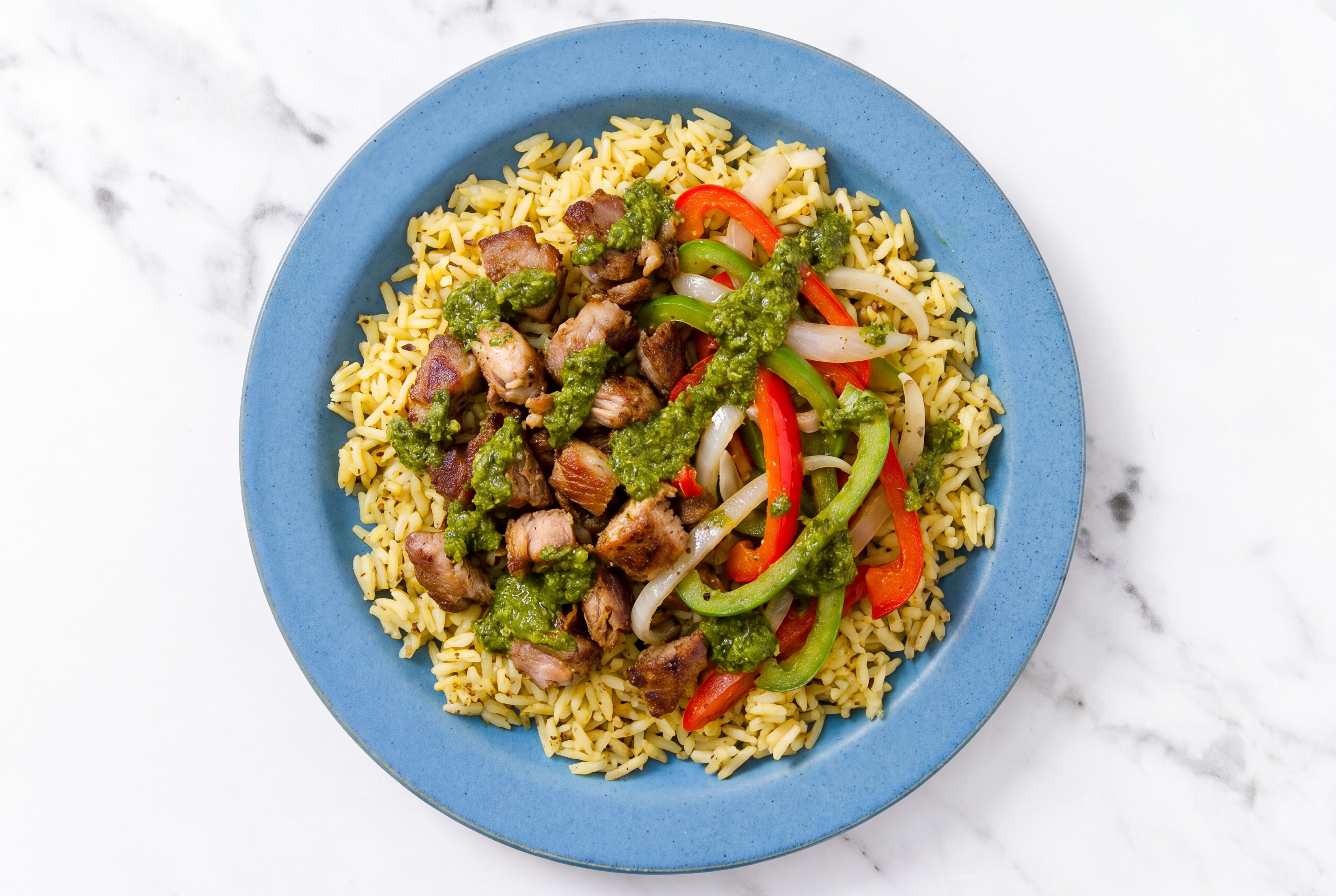 Carnitas Grain Bowl with Veggies & Zhoug with Seasoned Jasmine Rice