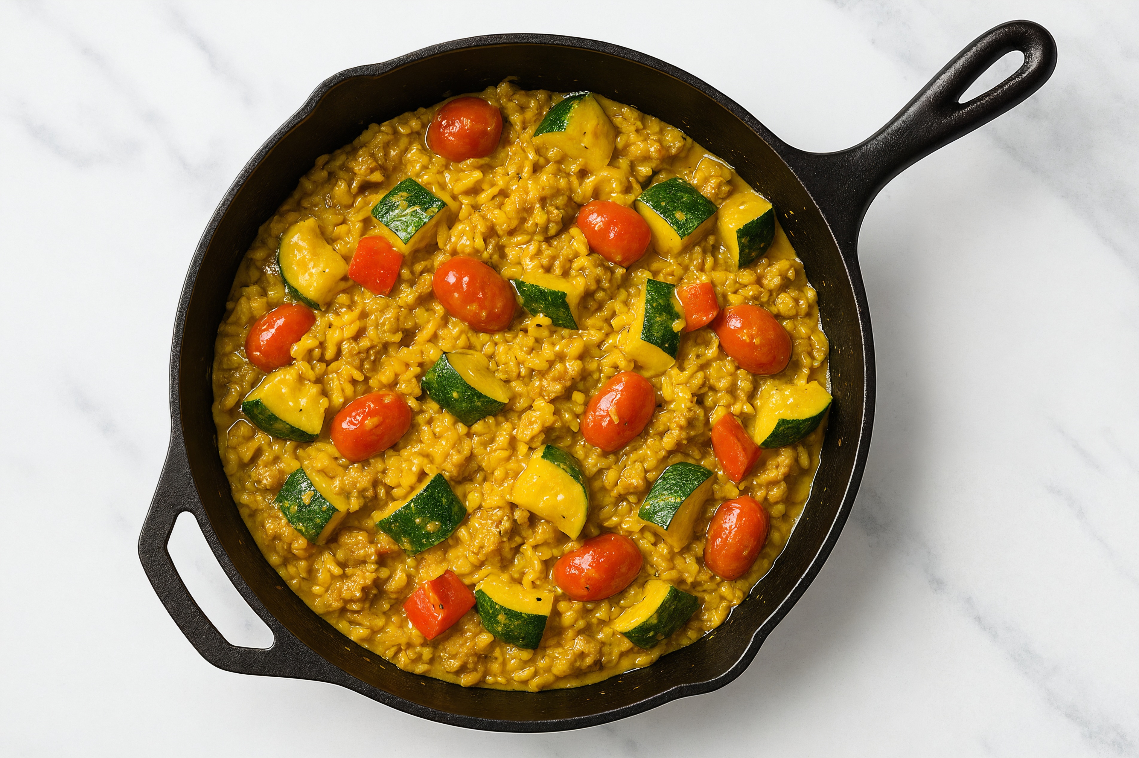 Curry Squash + Ground Turkey Stir-Fry with Seasoned Jasmine Rice