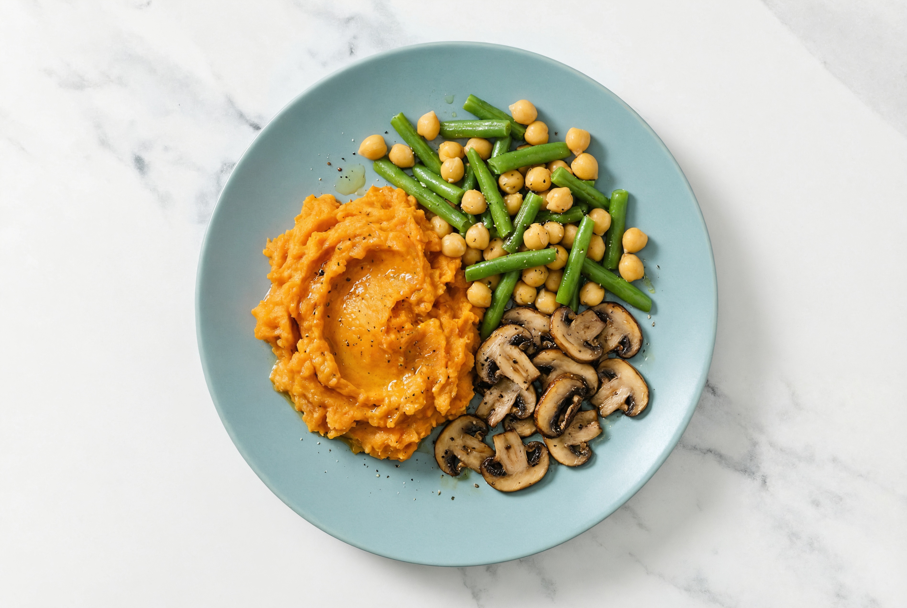 Sweet Potato Mash Plate with Green Beans, Mushrooms + Garbanzos