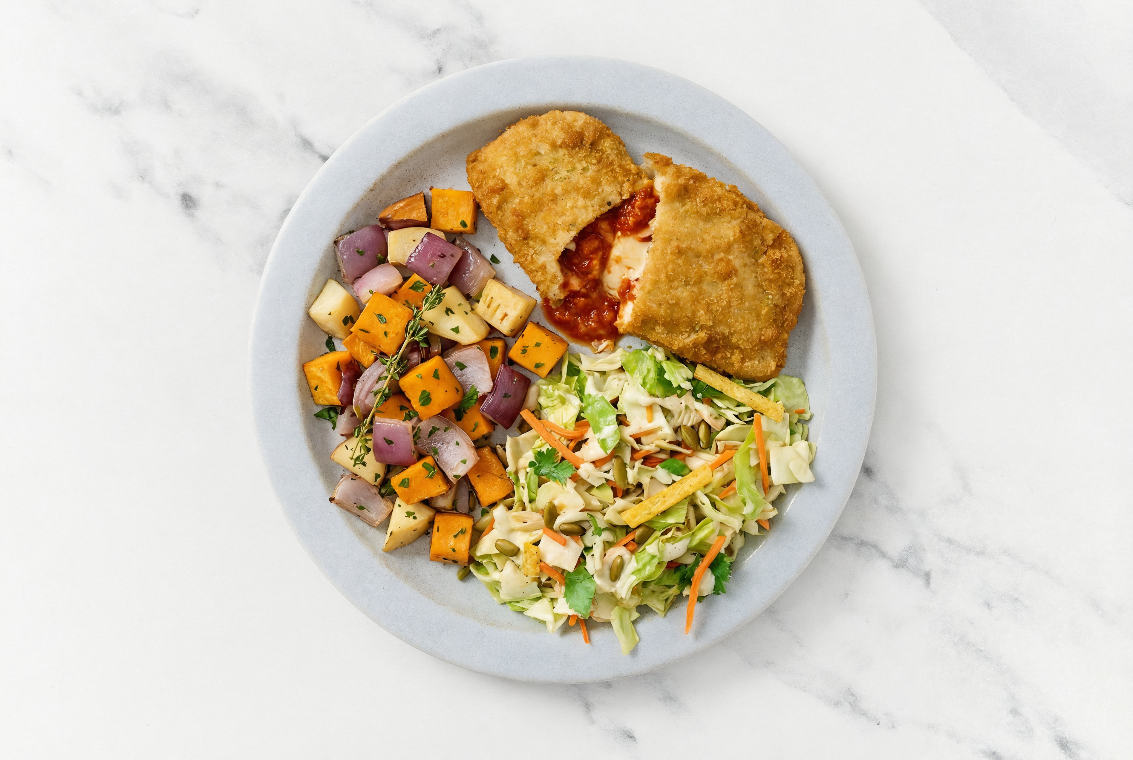 "Chicken" Parm with Roasting Veggies & Southwest Salad