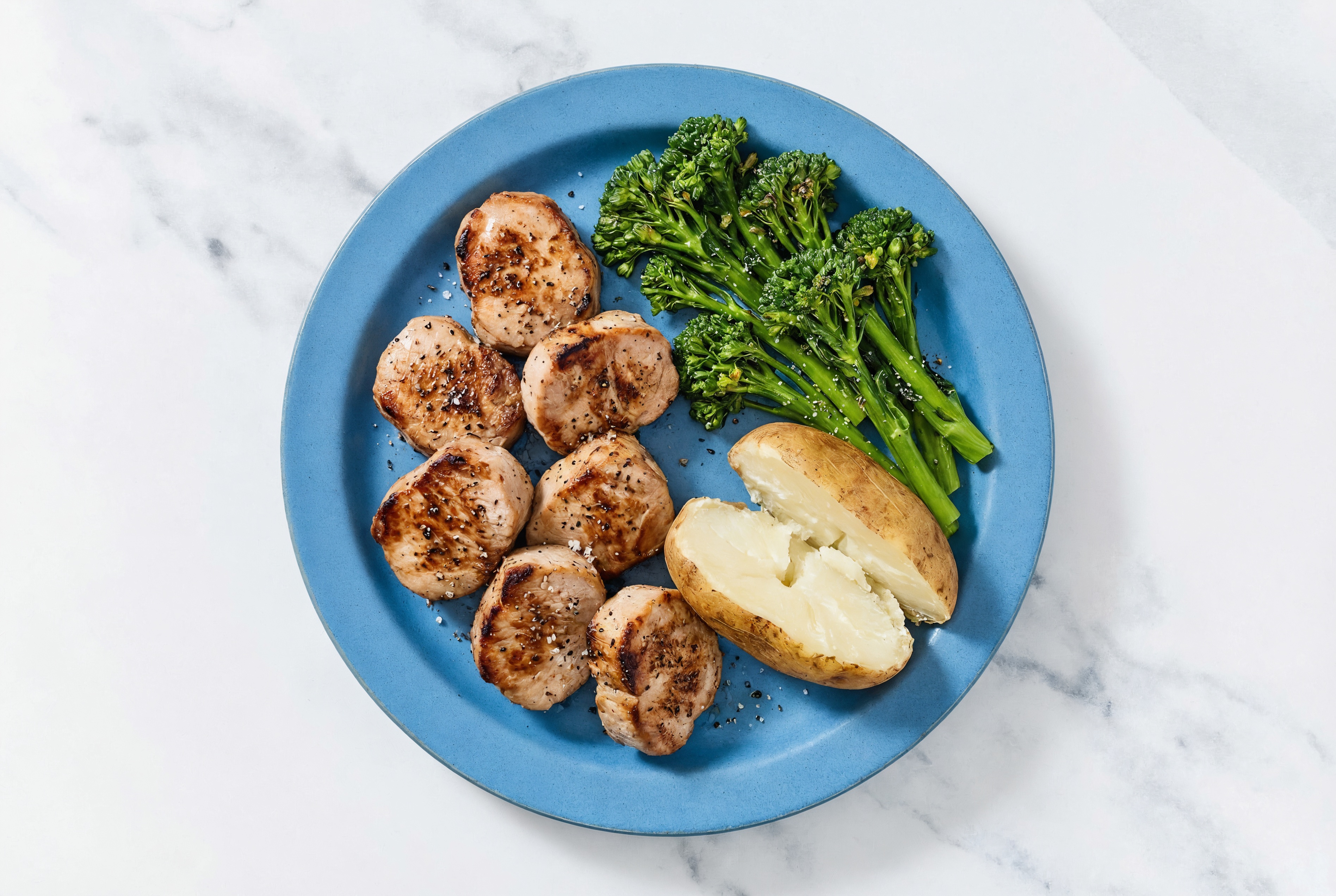 Pork Tenderloin with Baked Russet Potatoes + Broccoli