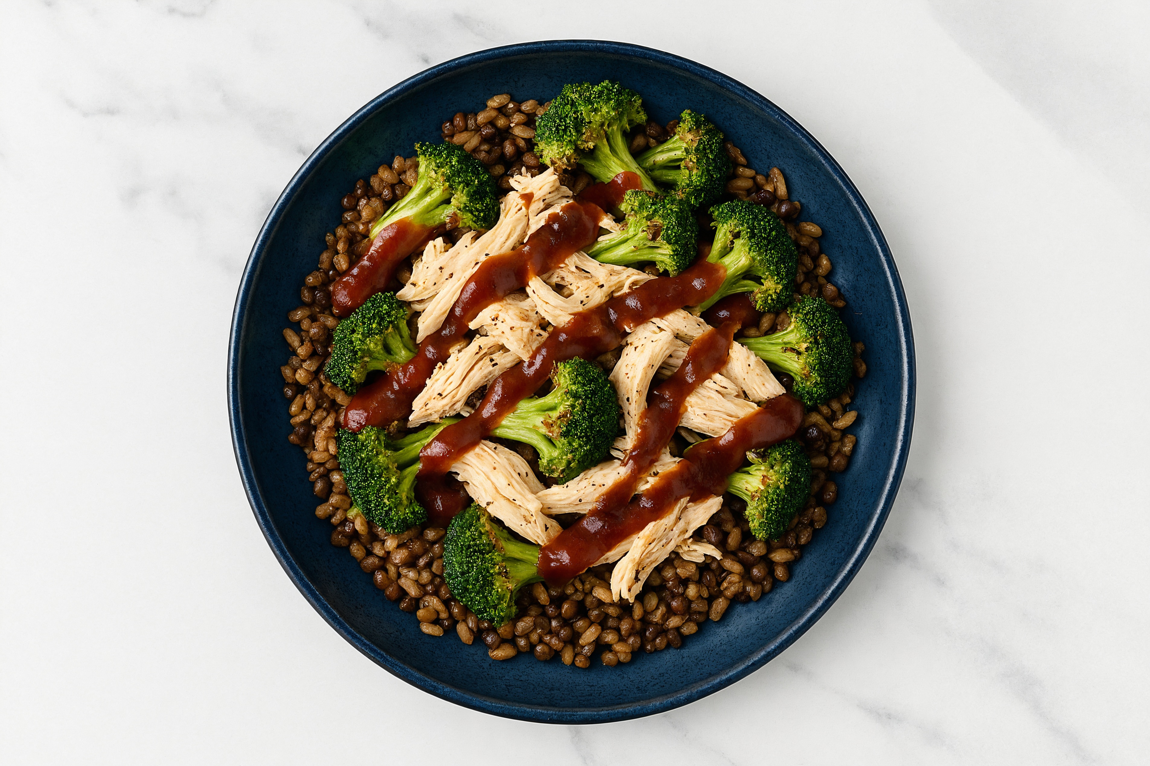 Pulled Chicken Lentil Bowl with BBQ Sauce & Broccoli with Original BBQ Sauce