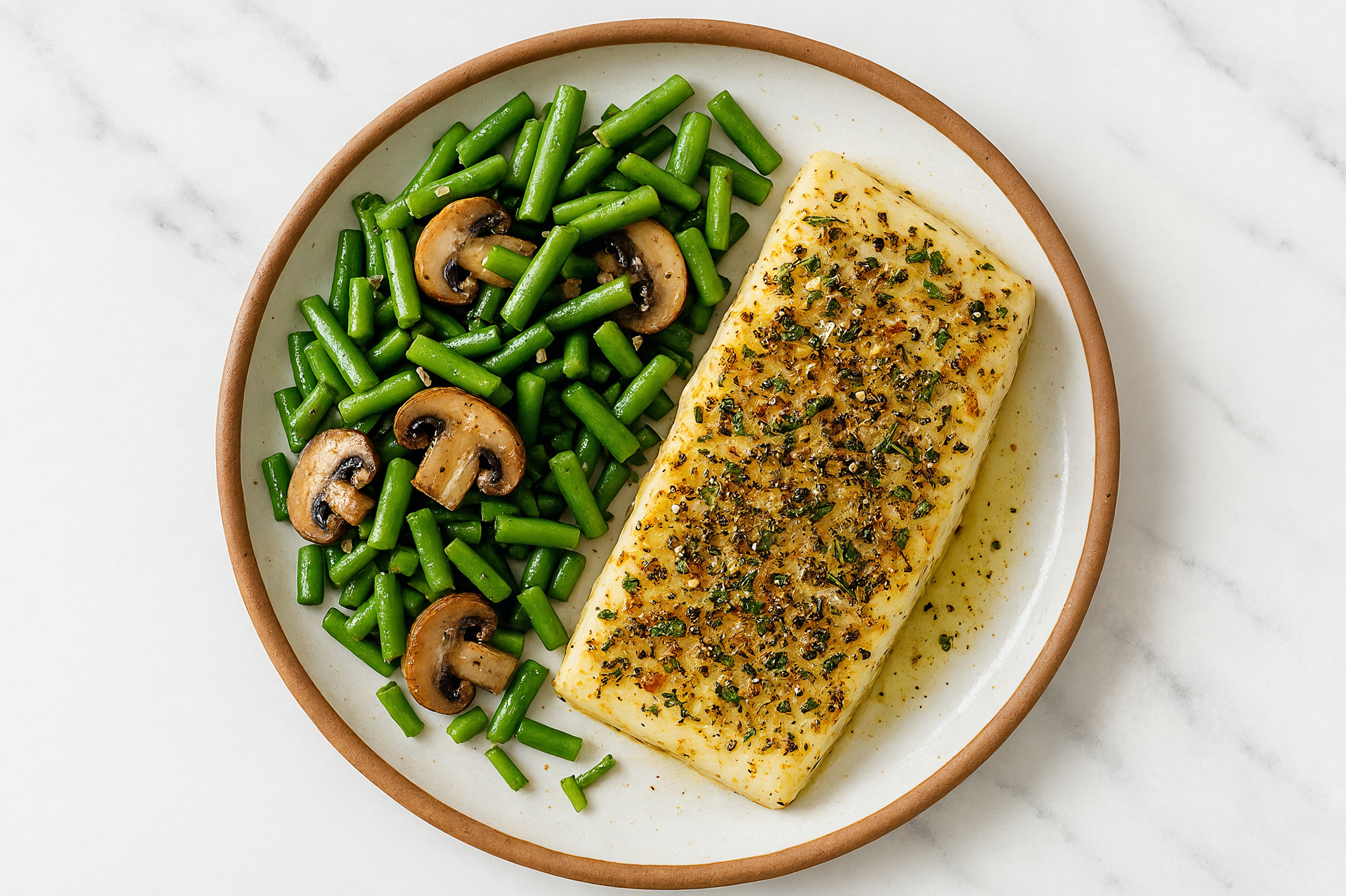 Garlic Roasted Halibut with Green Beans + Mushrooms