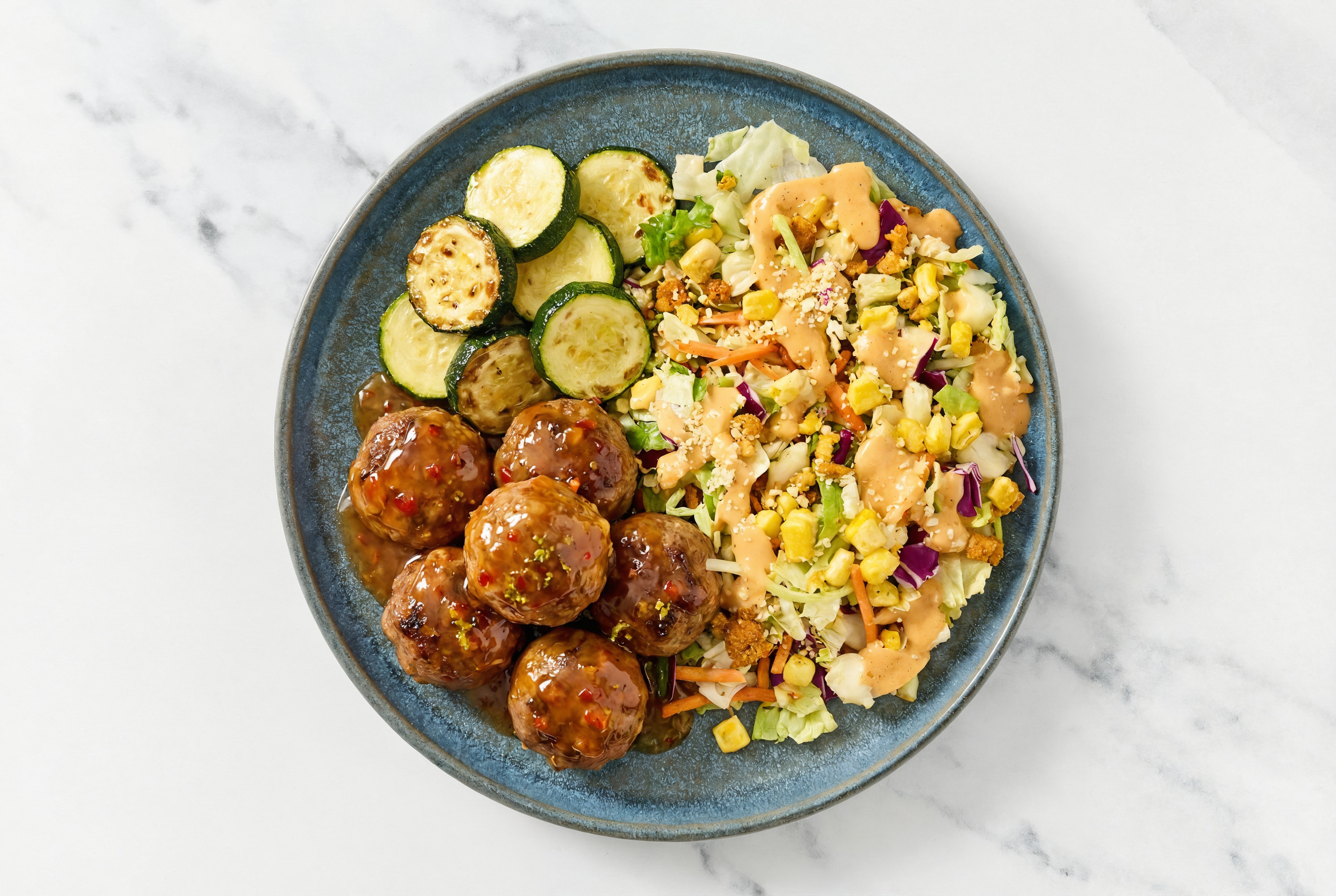 Sweet Chili Baked Bison Meatballs & Zucchini with Street Corn Salad