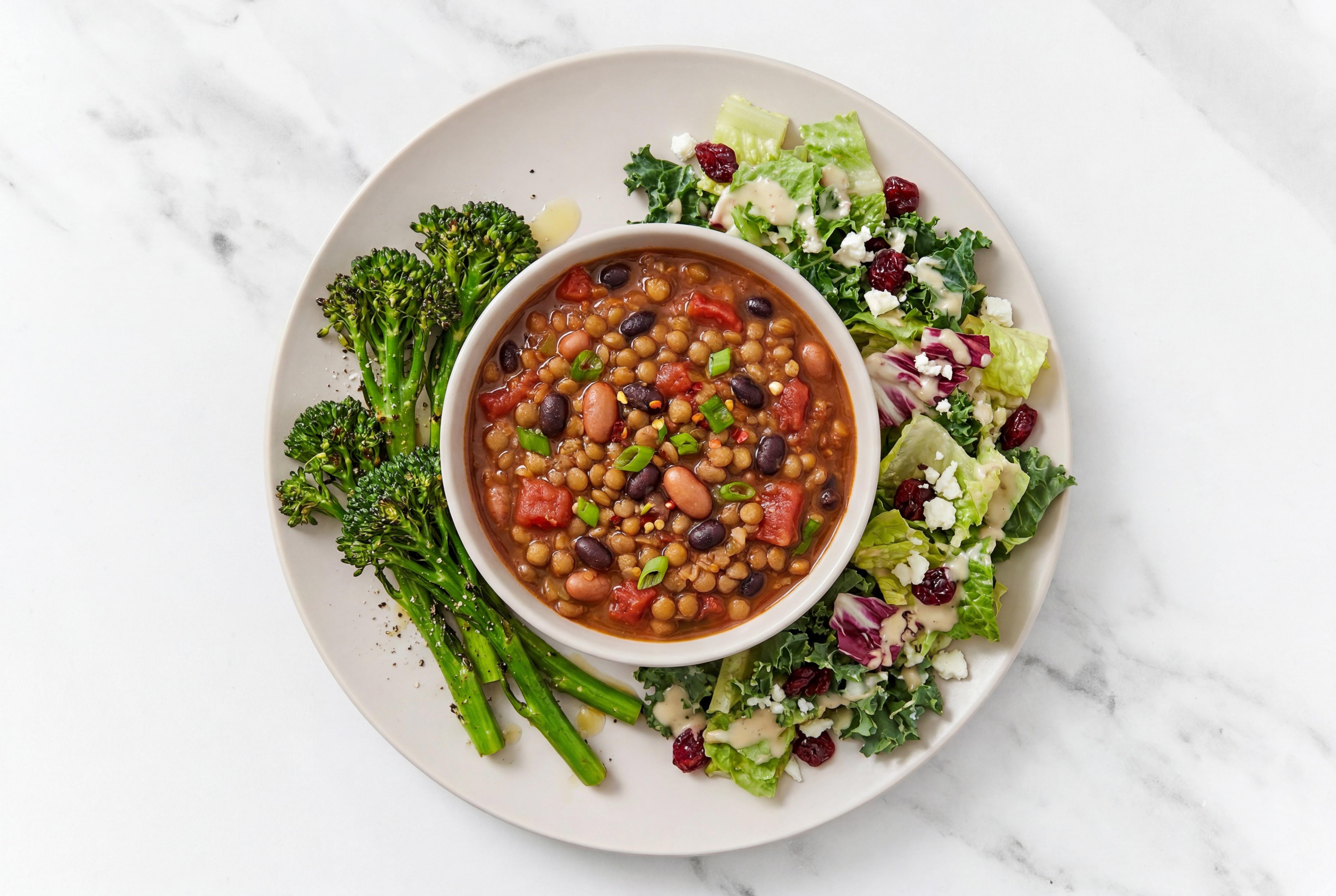 Homestyle Lentil Chili with Baby Broccoli + Chopped Salad