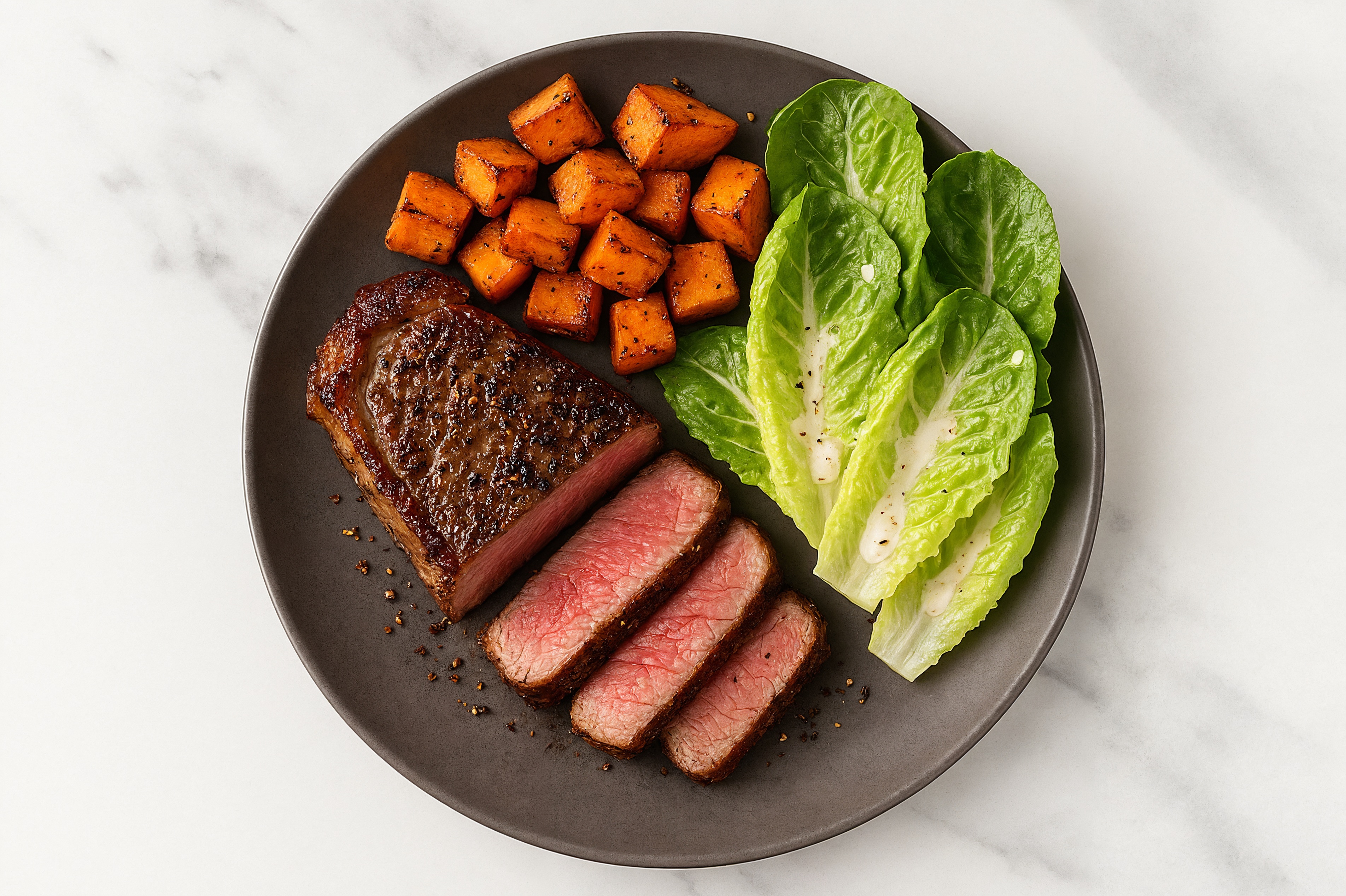 NY Wagyu Strip with Creamy Asiago Salad + Sweet Potatoes