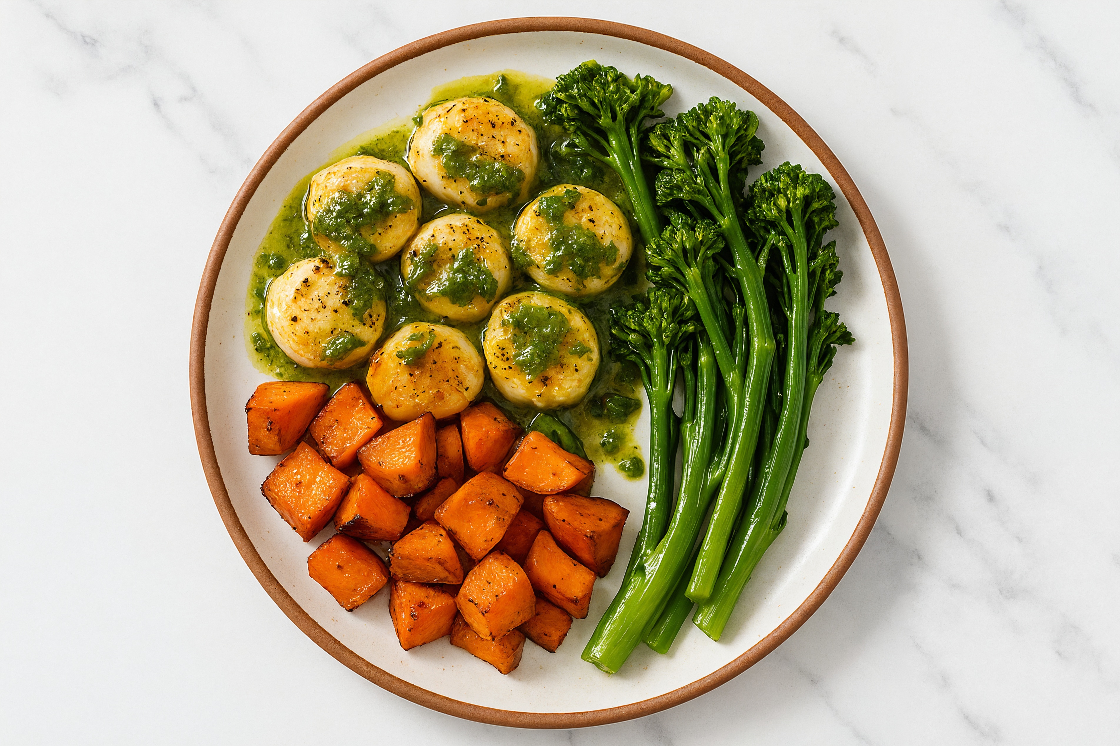 Seared Chimichurri Scallops + Crispy Sweet Potatoes