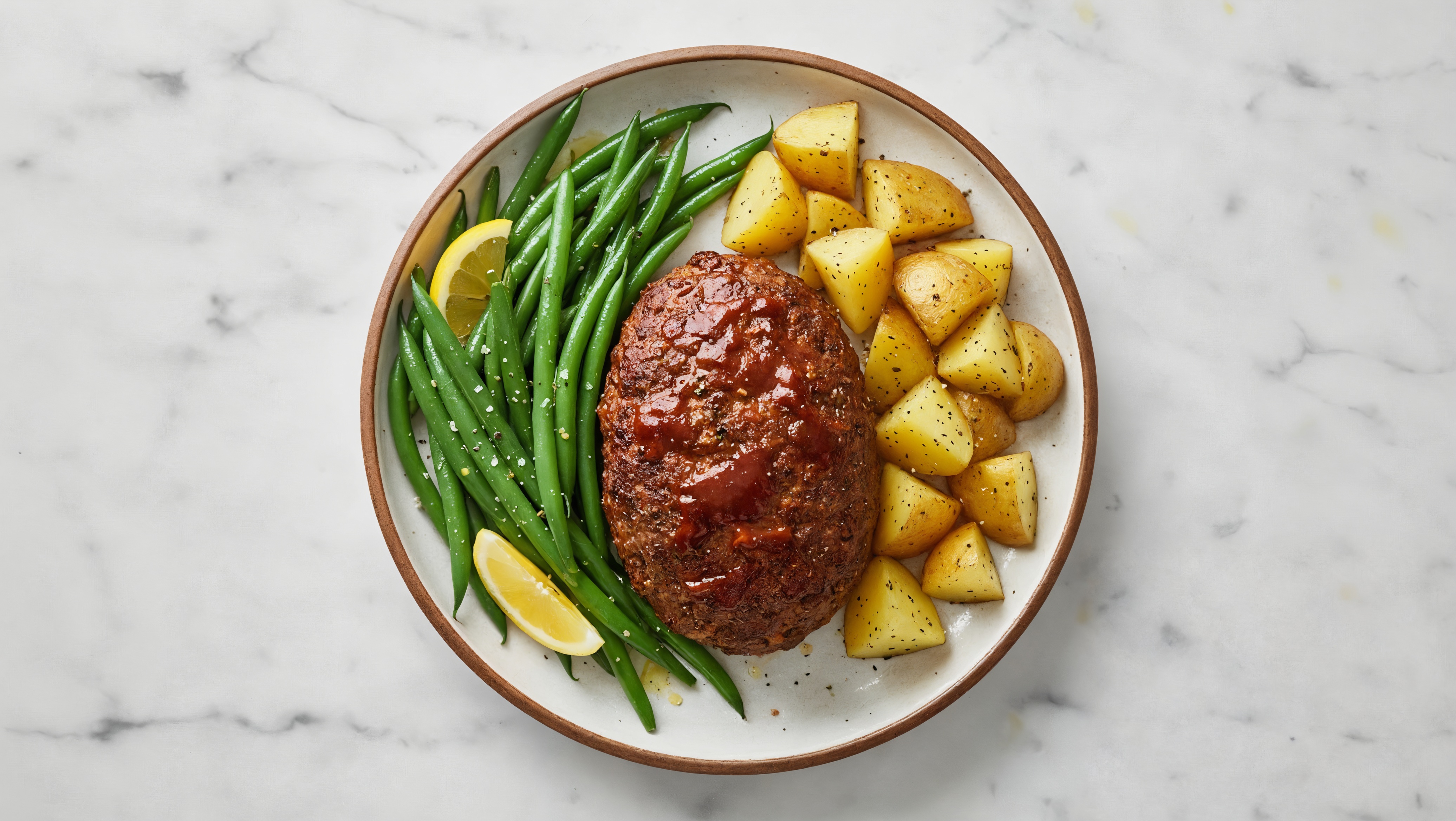 Mini BBQ Meatloafs with Roasted Yellow Potatoes, Green Beans, and Lemon