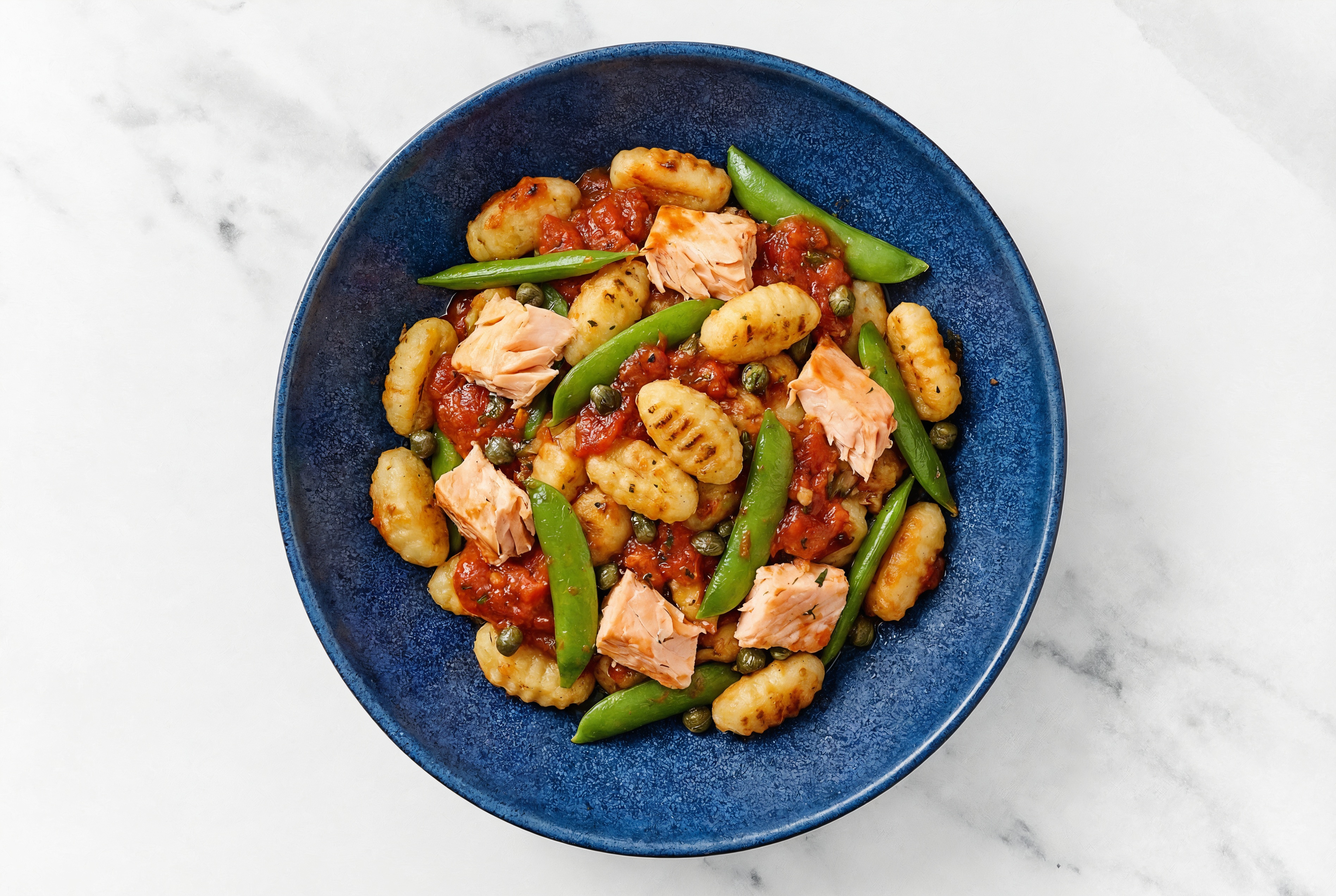 Classic Salmon Gnocchi with Snap Peas + Foraged Capers