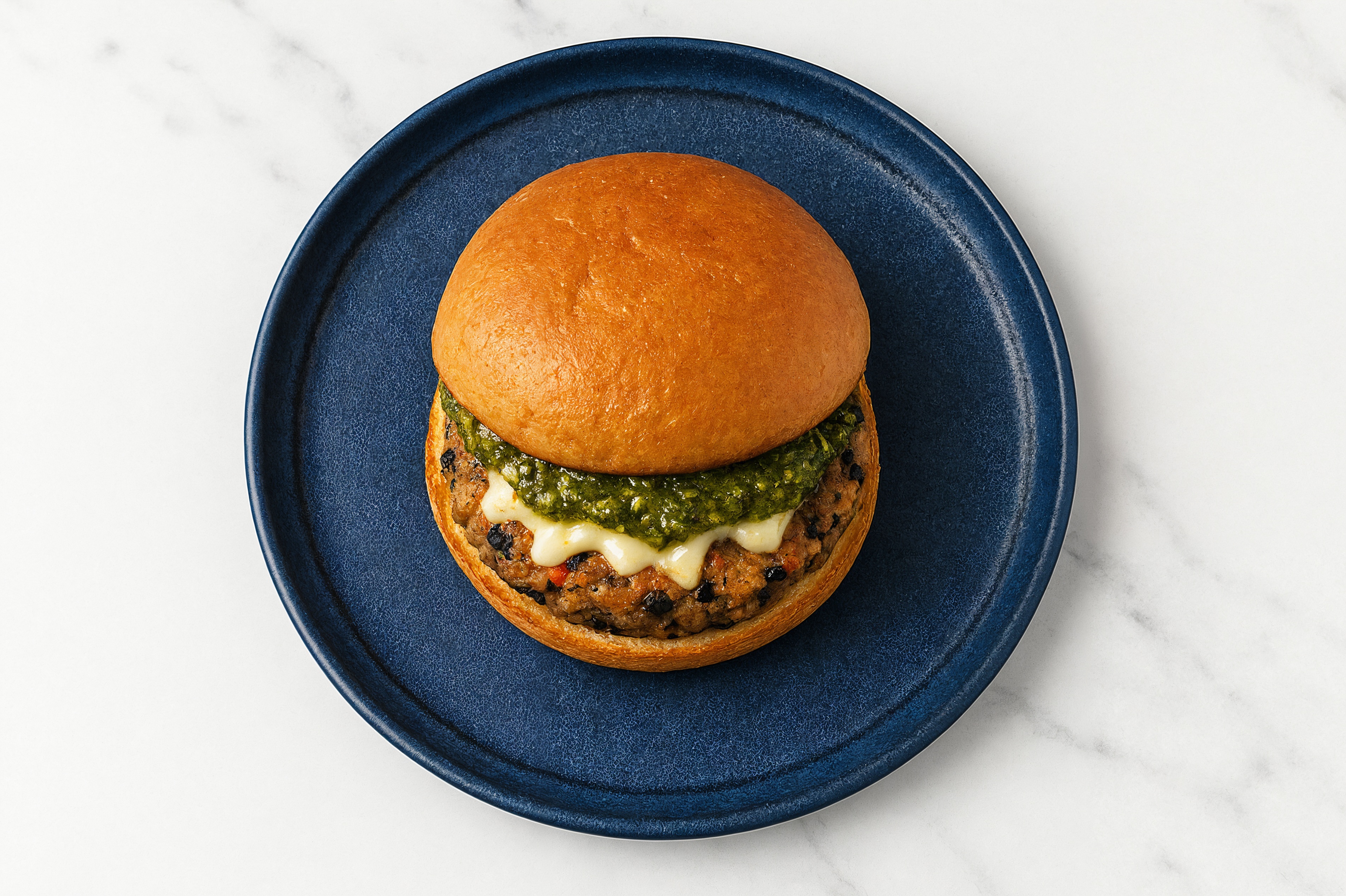 "Mozzarella" Black Bean Burger on GF Bun with Basil Pesto