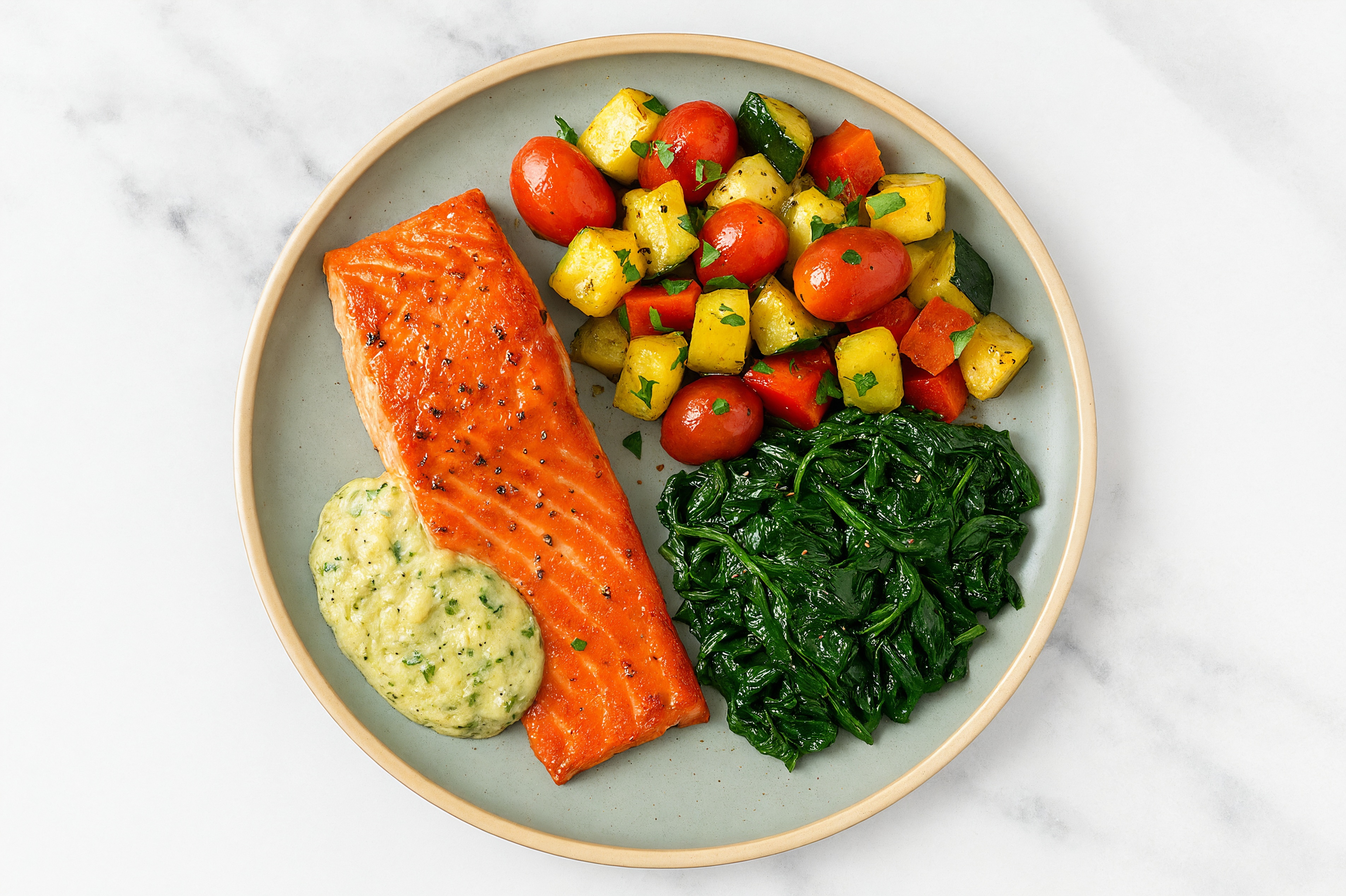 Roasted Wild Salmon with Sautéed Summer Veggies with Baby Spinach