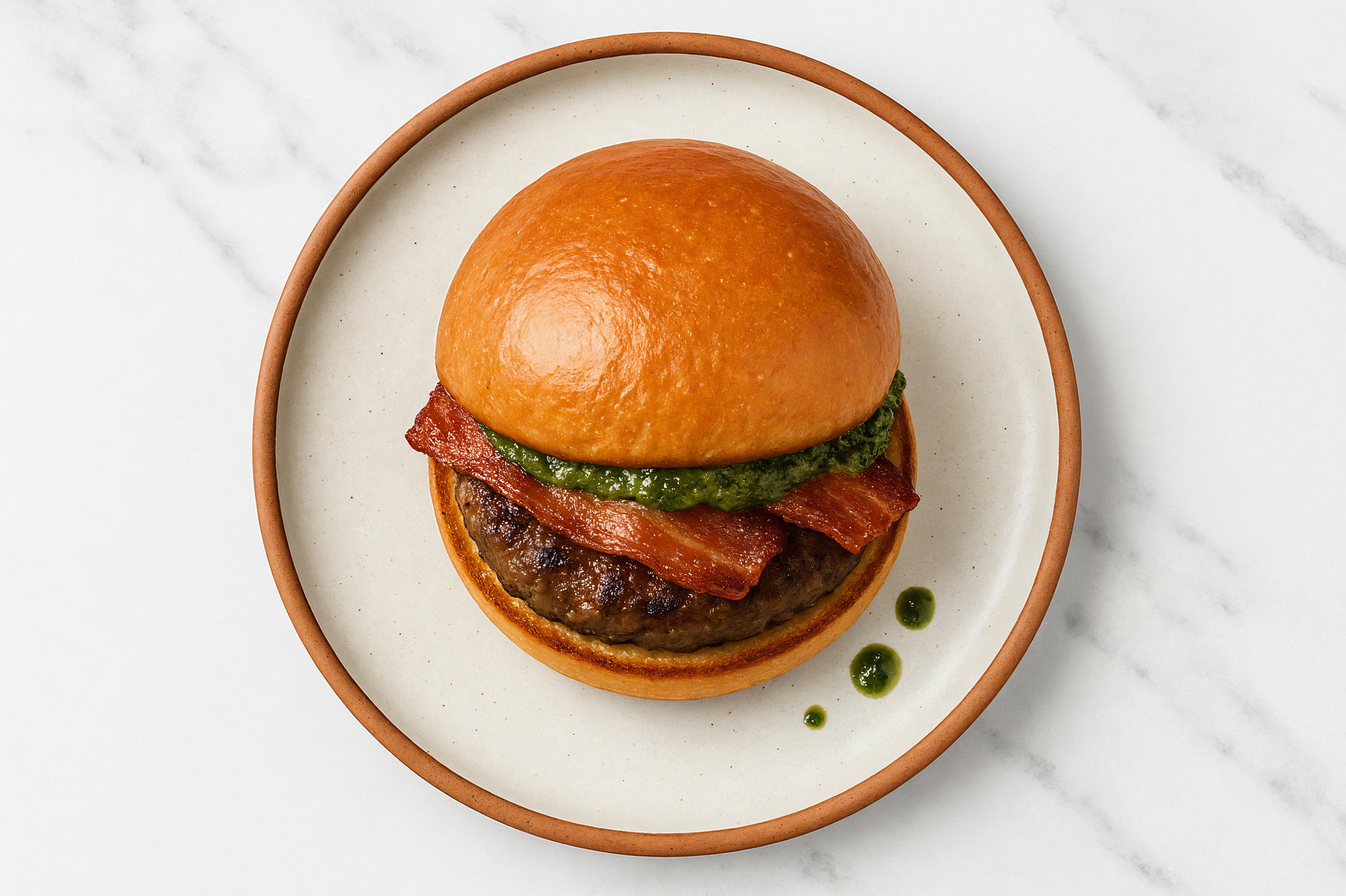 Beef Burger Buns on Brioche with Spinach Pesto & Turkey Bacon