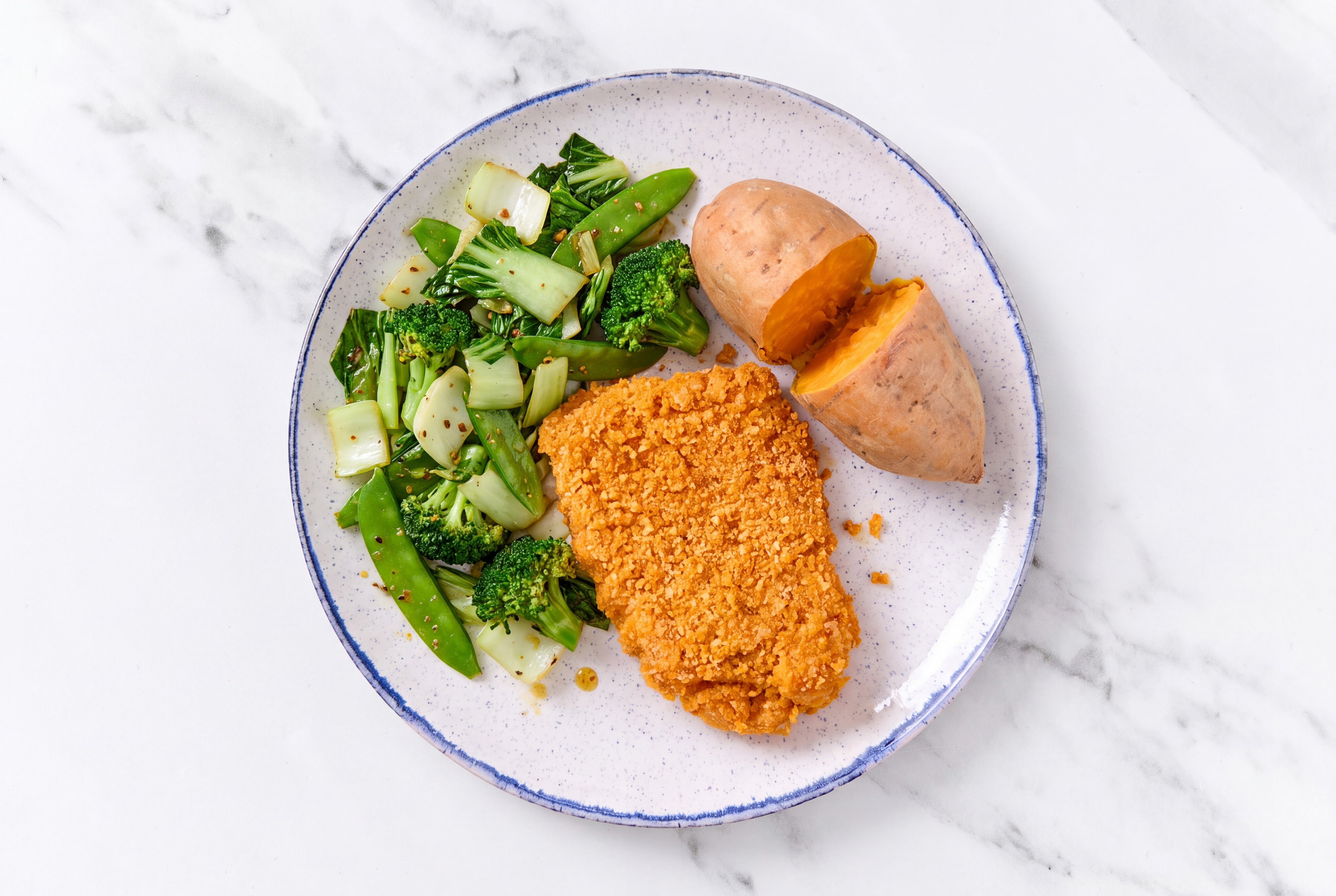 Hot Honey Breaded Chicken Cutlet with Bok Choy & Sweet Potato